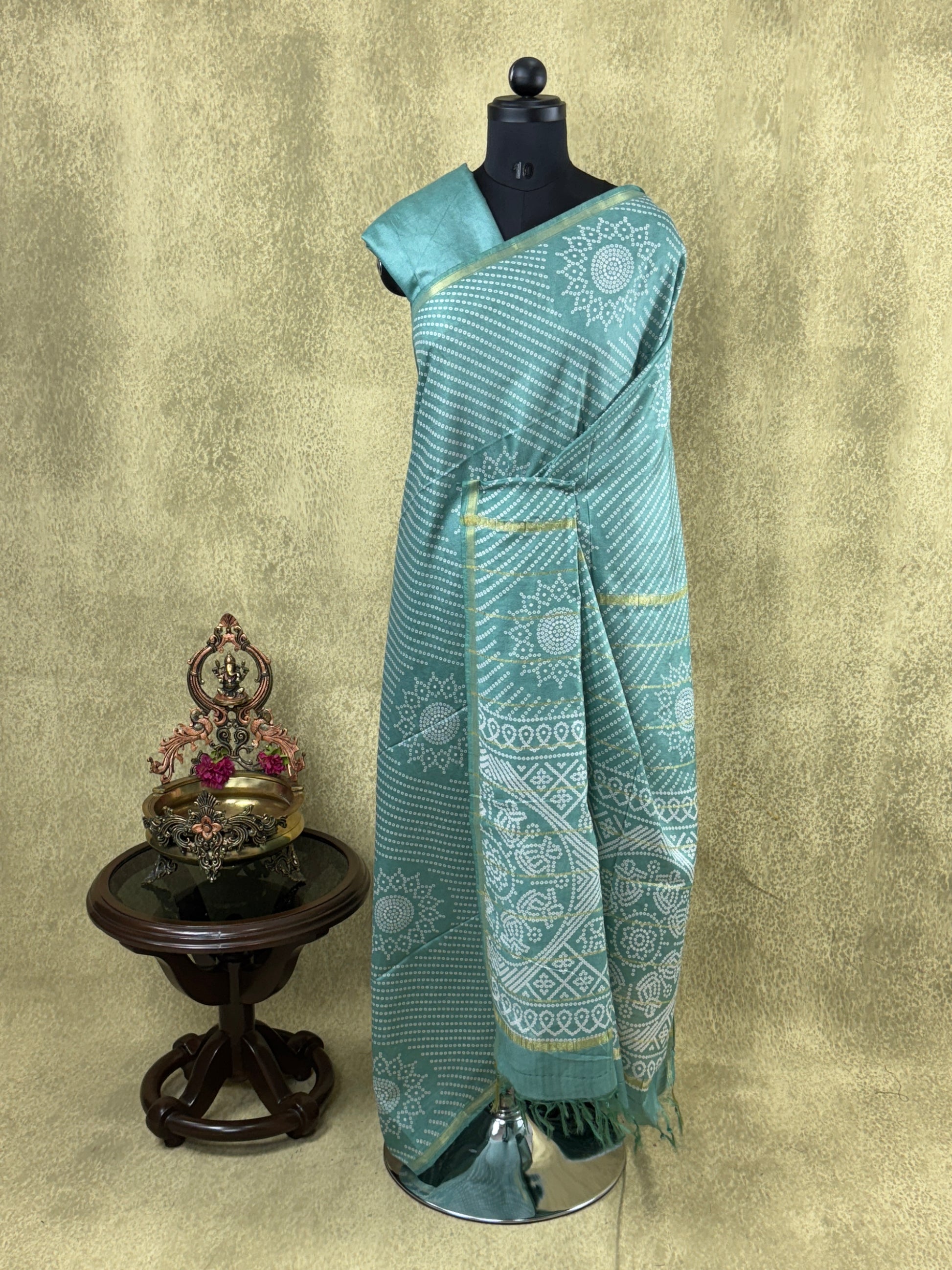 Soft Mint Green with Bandhani Pattern - Soft Cotton Saree