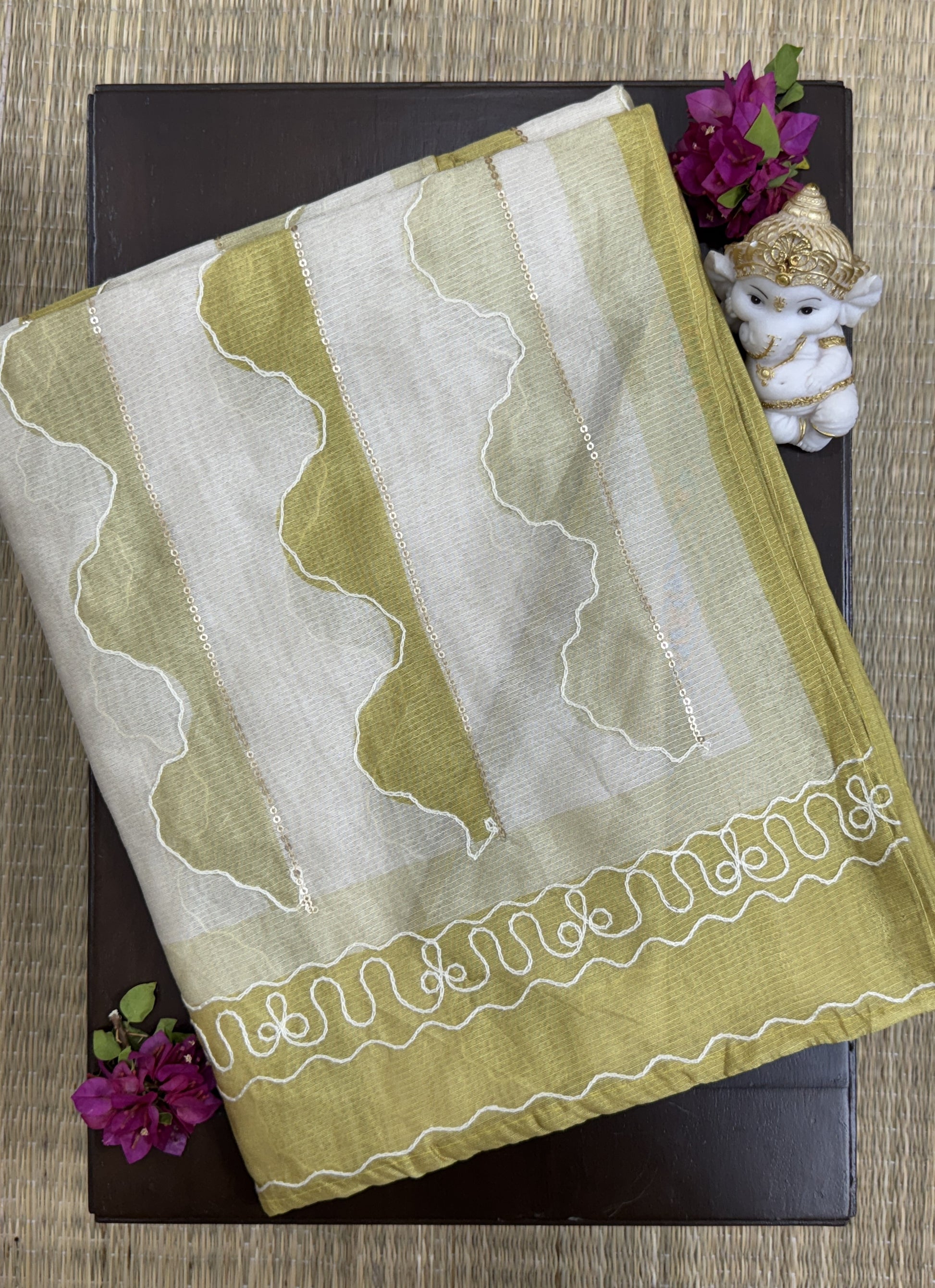 Warm Olive with Sequin - Kora Silk Saree