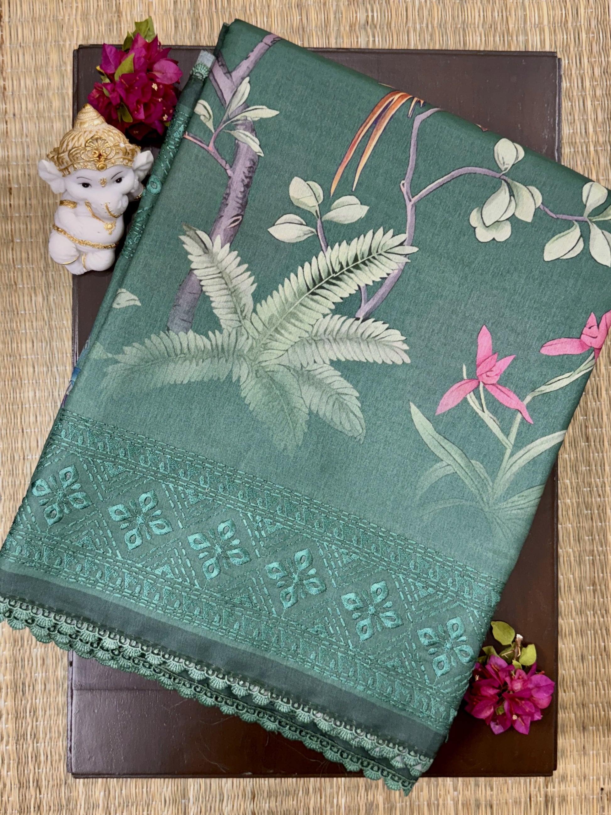 Dark Green with Embroidered Border - Semi Tussar Saree