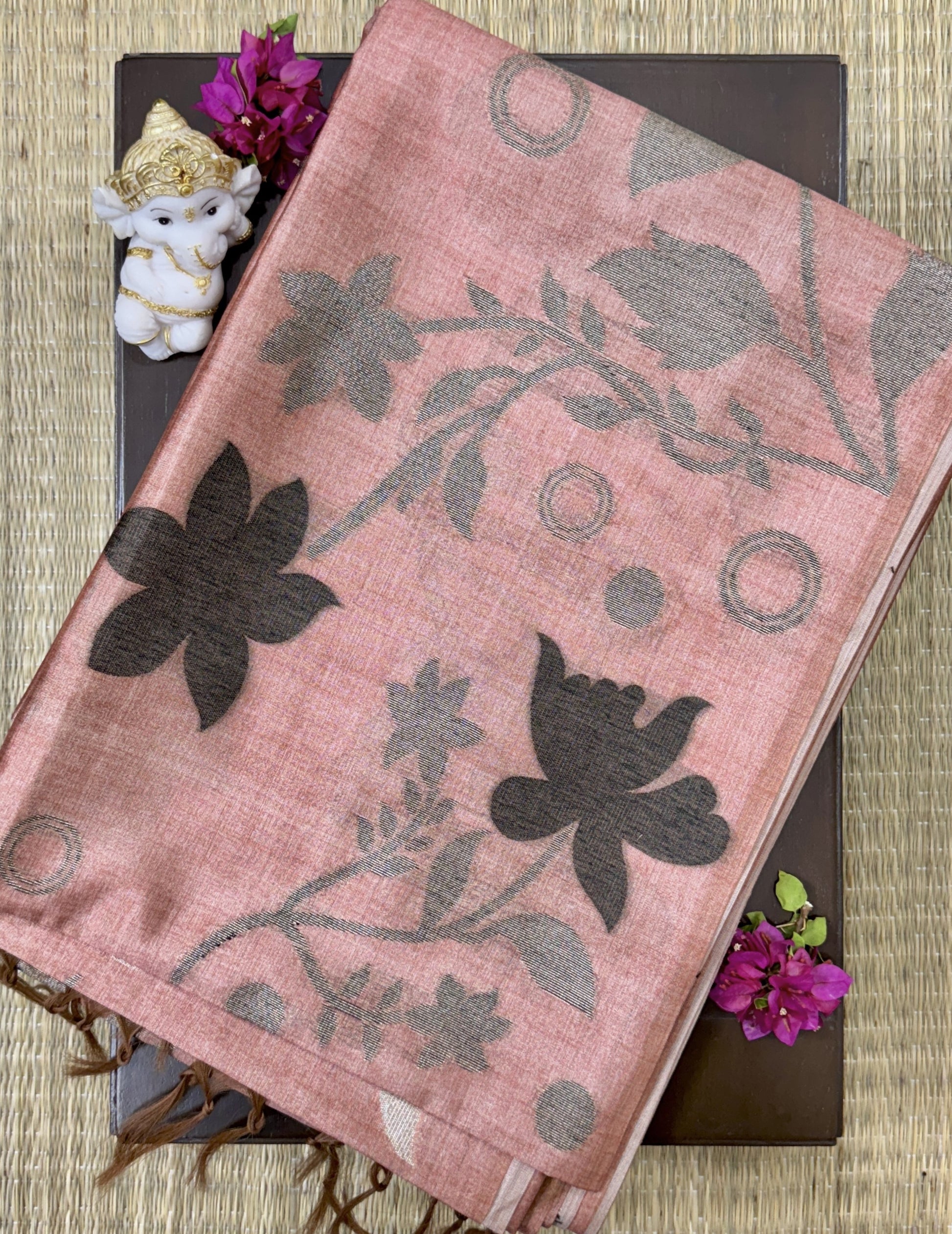 Dark Peach Floral Zari Weave - Semi Tussar Saree