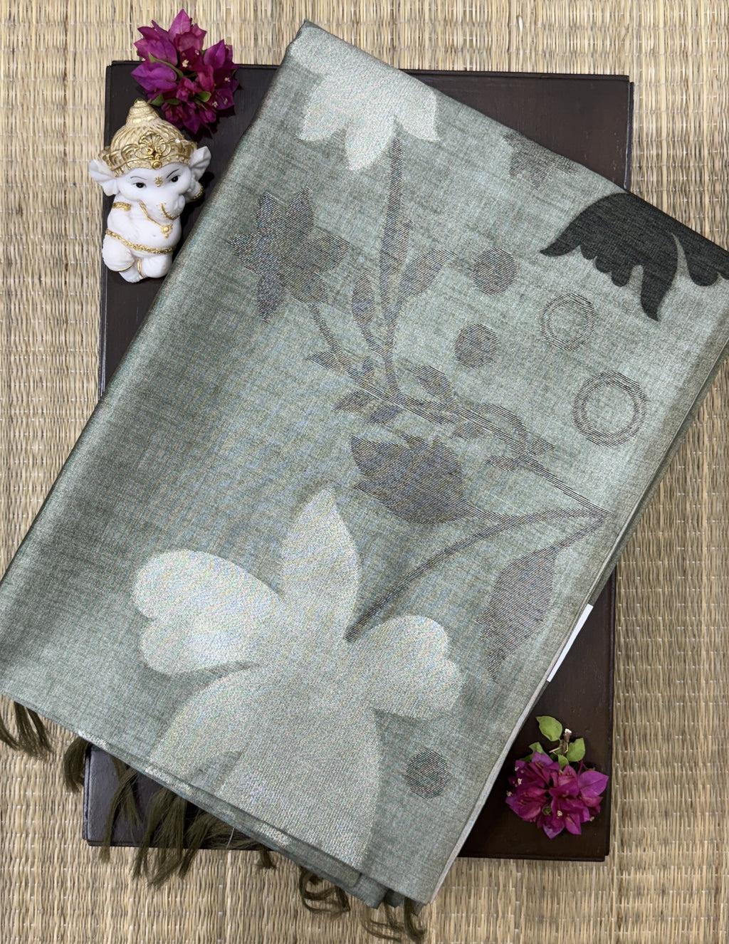 Olive Green Floral Zari Weave - Semi Tussar Saree