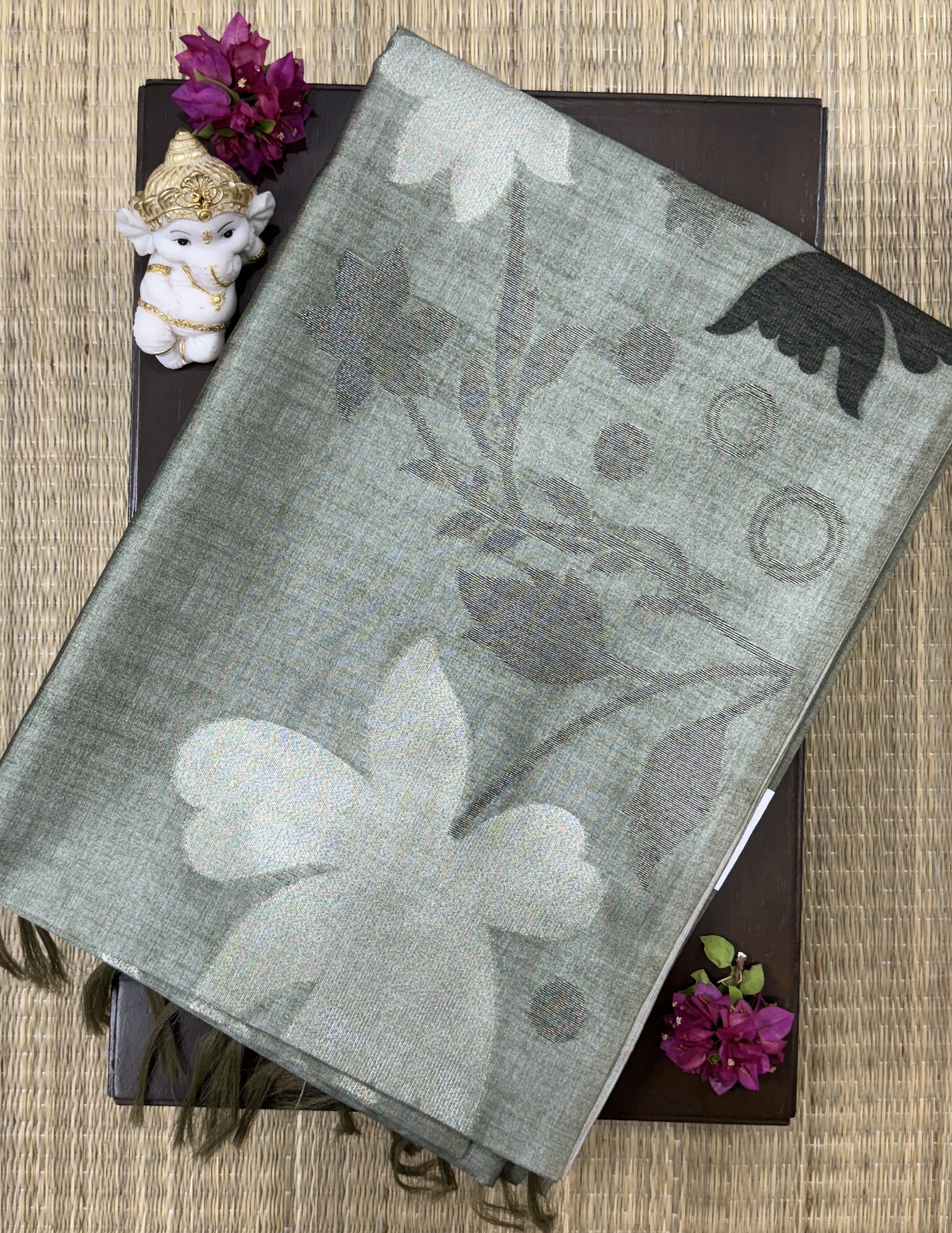 Olive Green Floral Zari Weave - Semi Tussar Saree