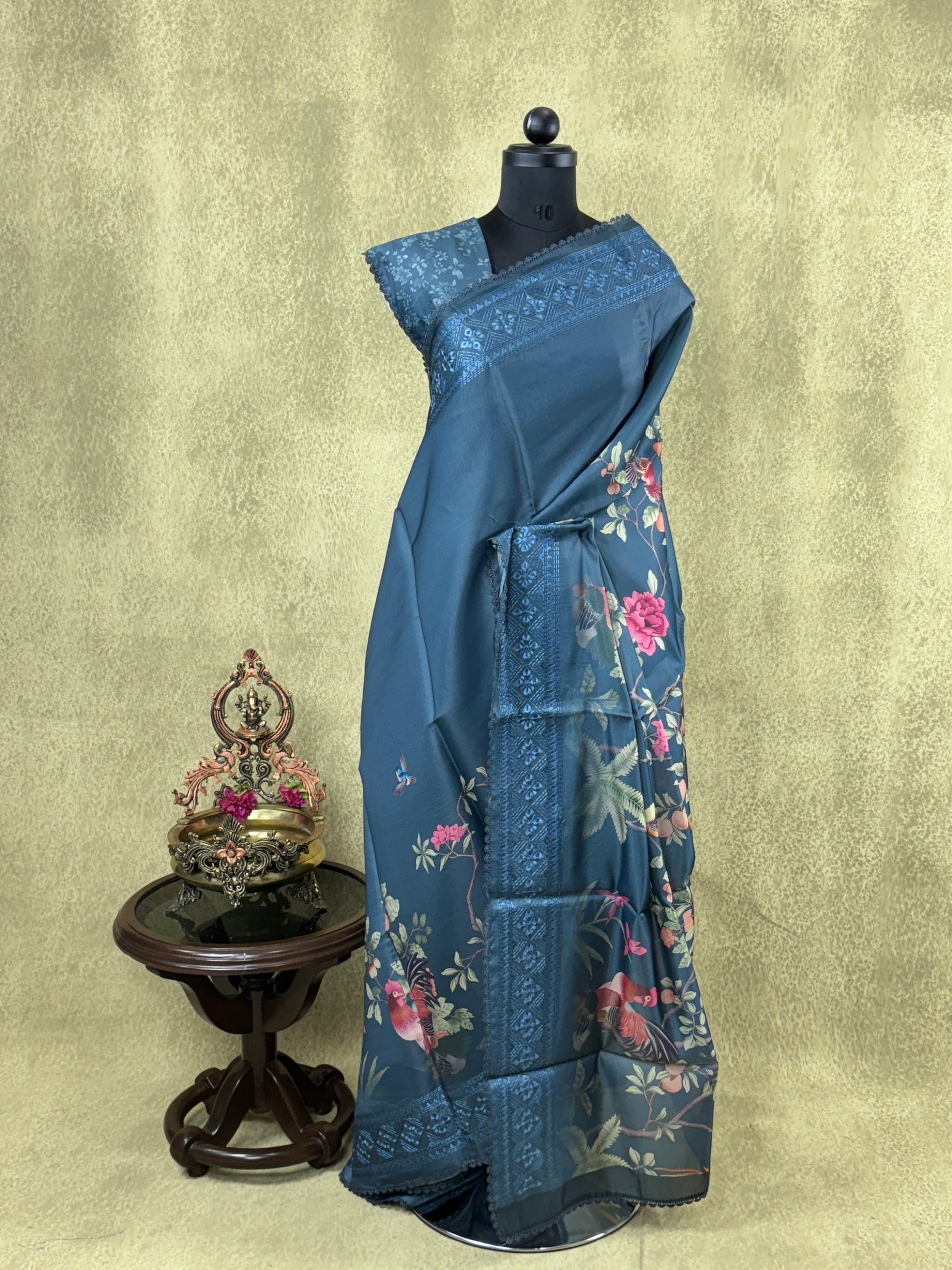Dark Blue with Embroidered Border - Semi Tussar Saree