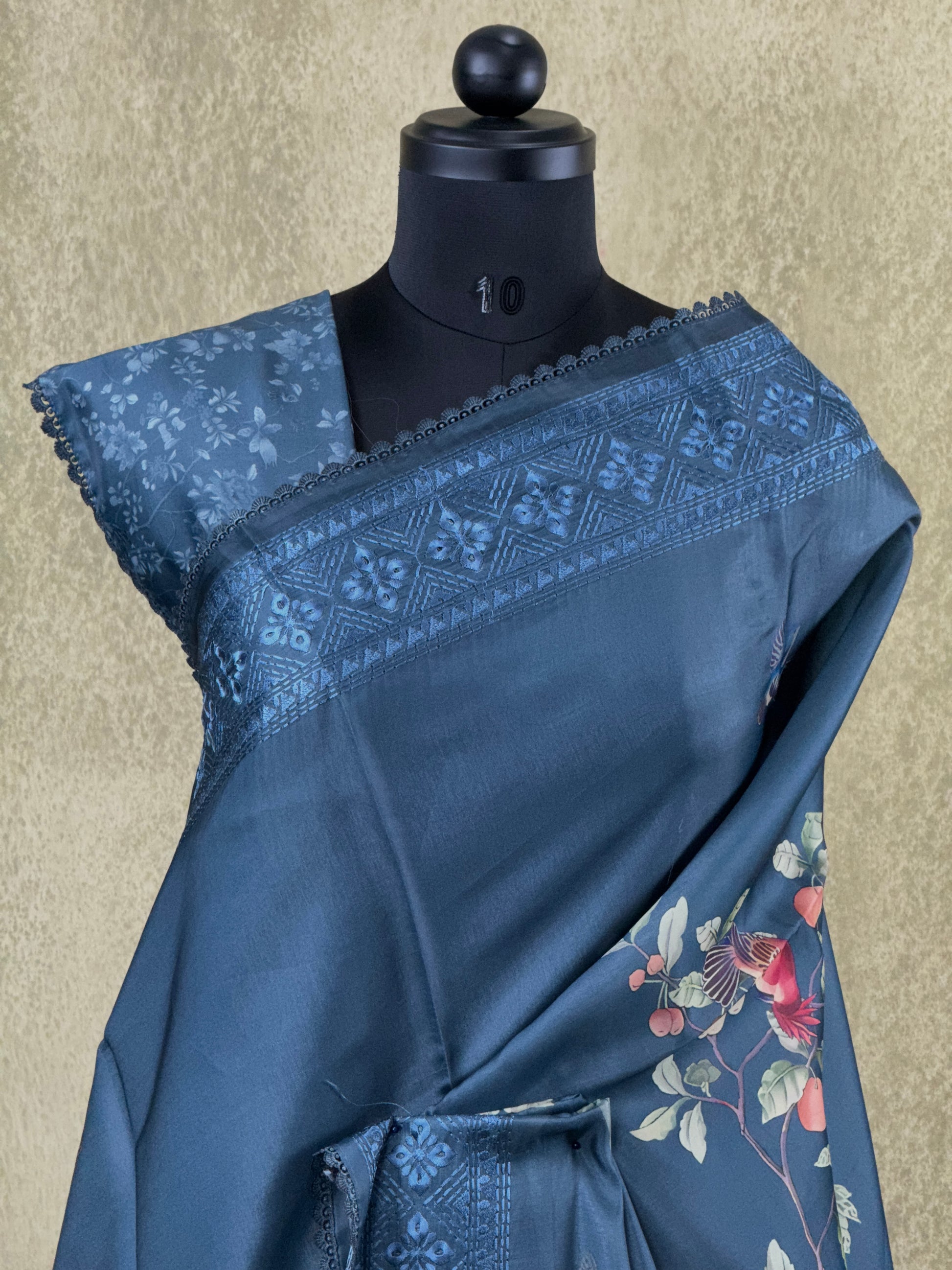Dark Blue with Embroidered Border - Semi Tussar Saree