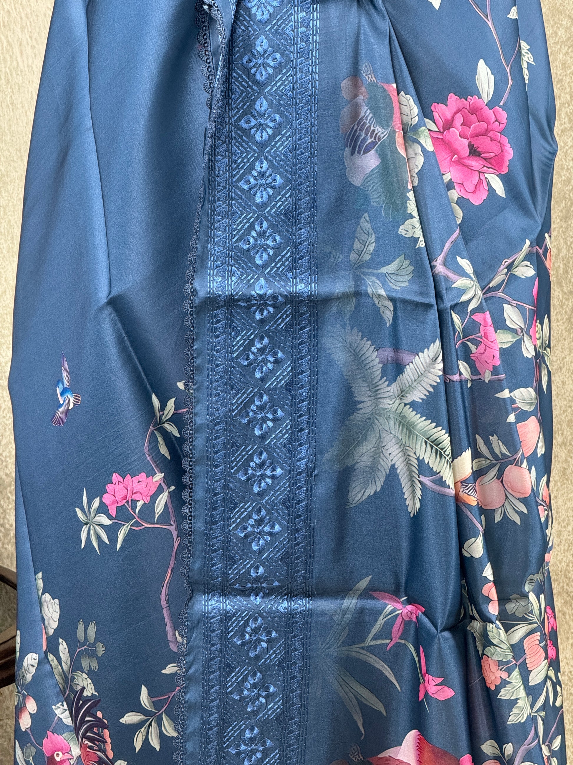 Dark Blue with Embroidered Border - Semi Tussar Saree