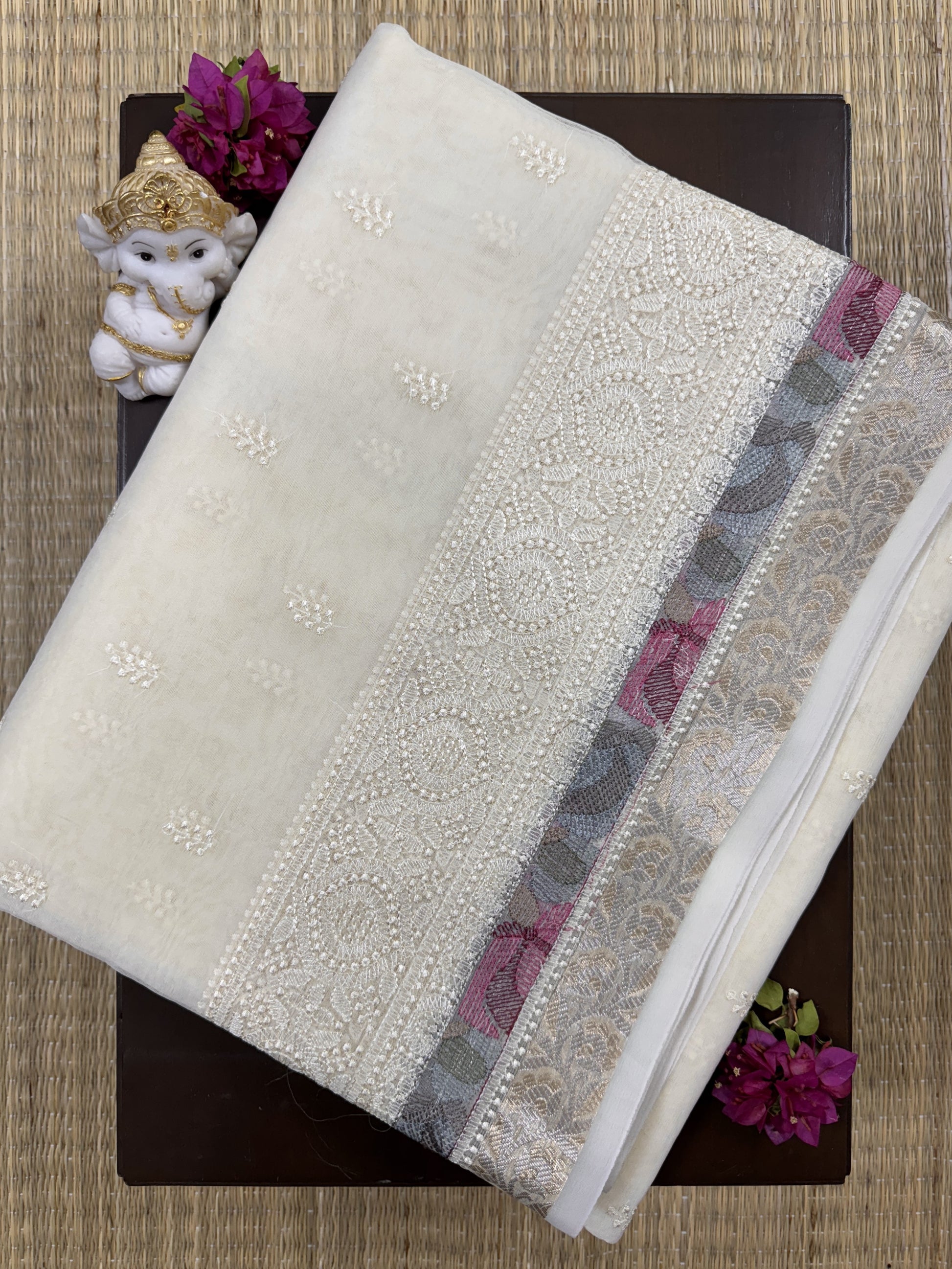 Half White with Embroidery - Kora Organza Saree