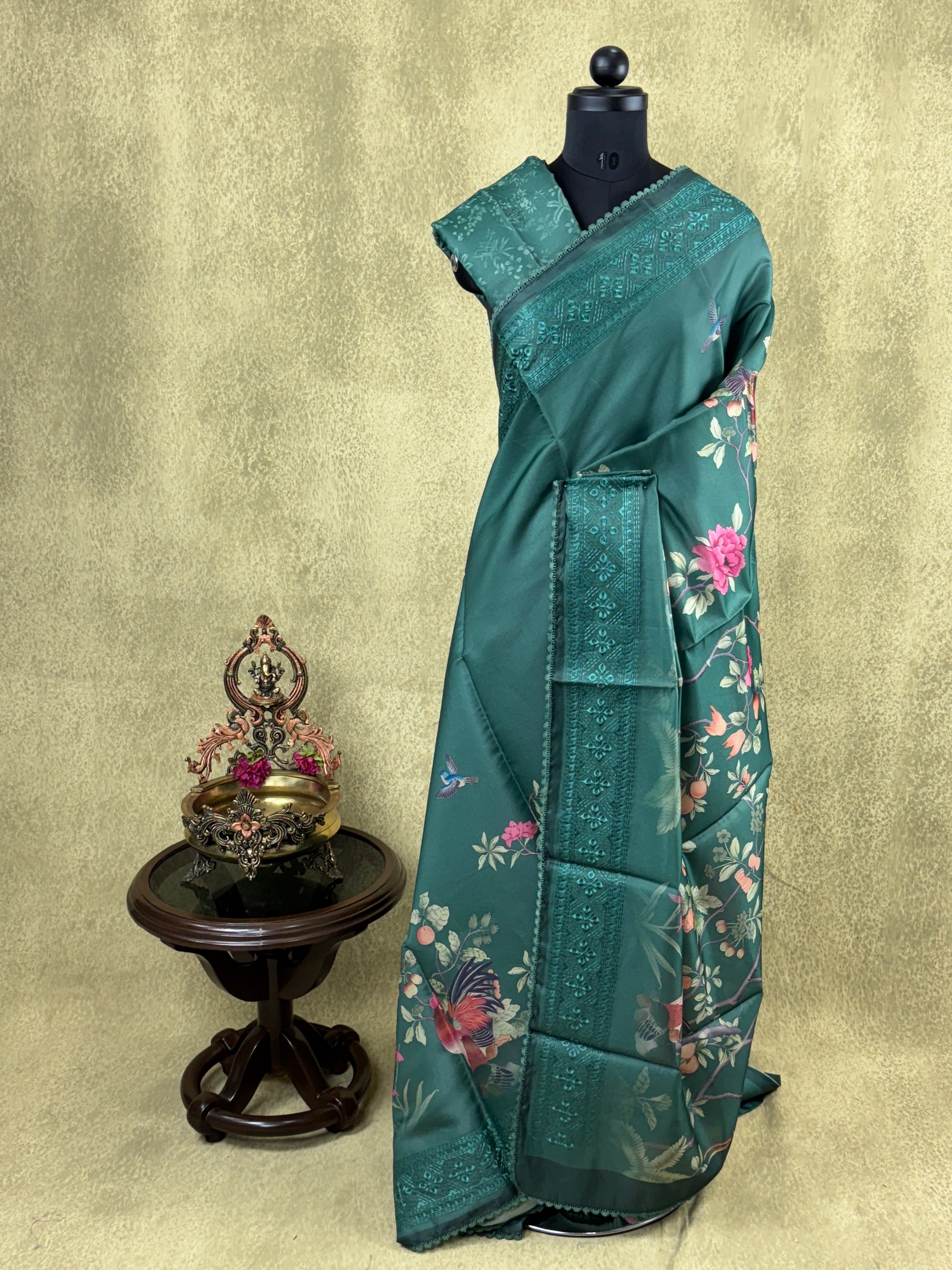 Dark Green with Embroidered Border - Semi Tussar Saree