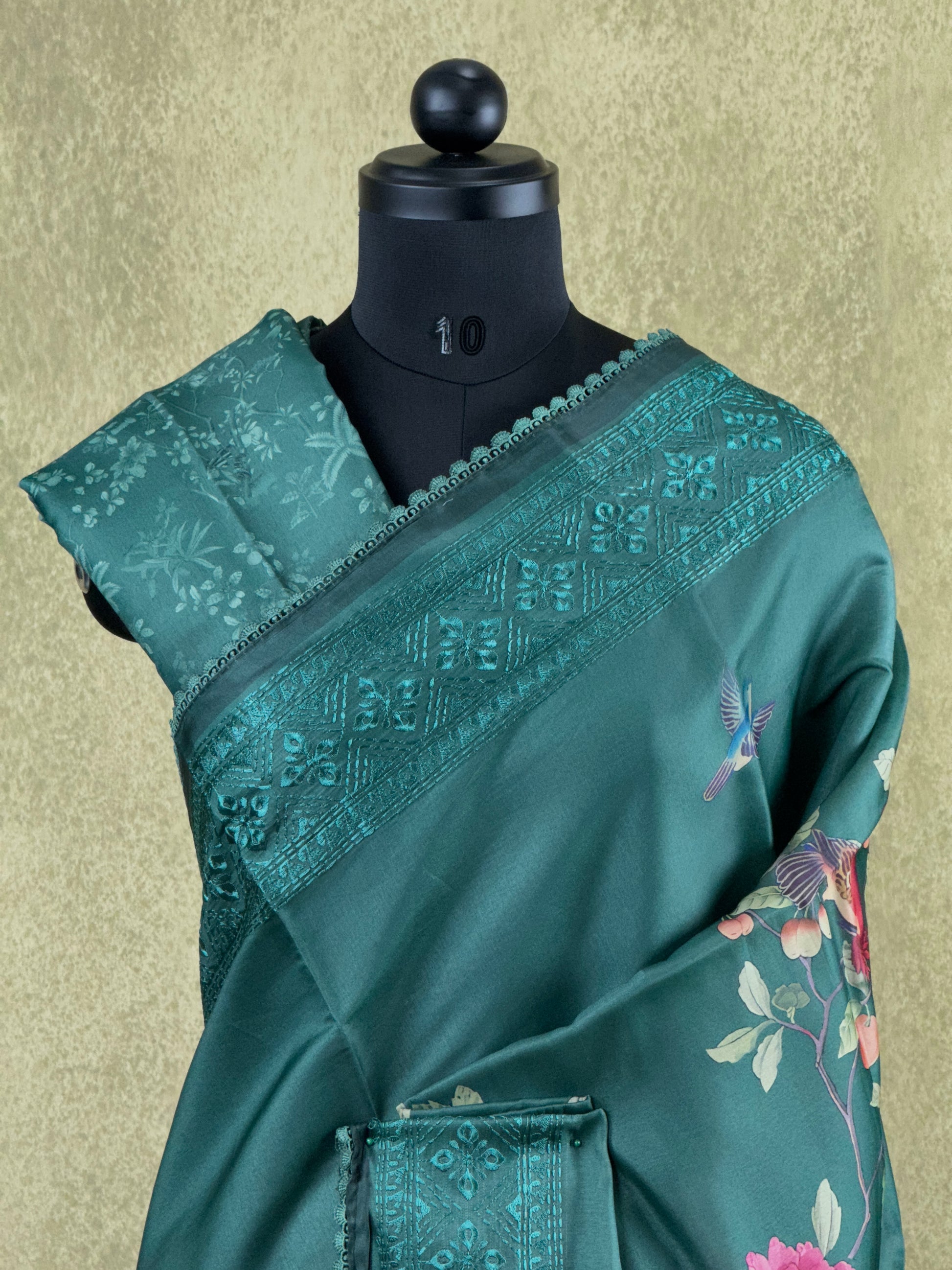 Dark Green with Embroidered Border - Semi Tussar Saree