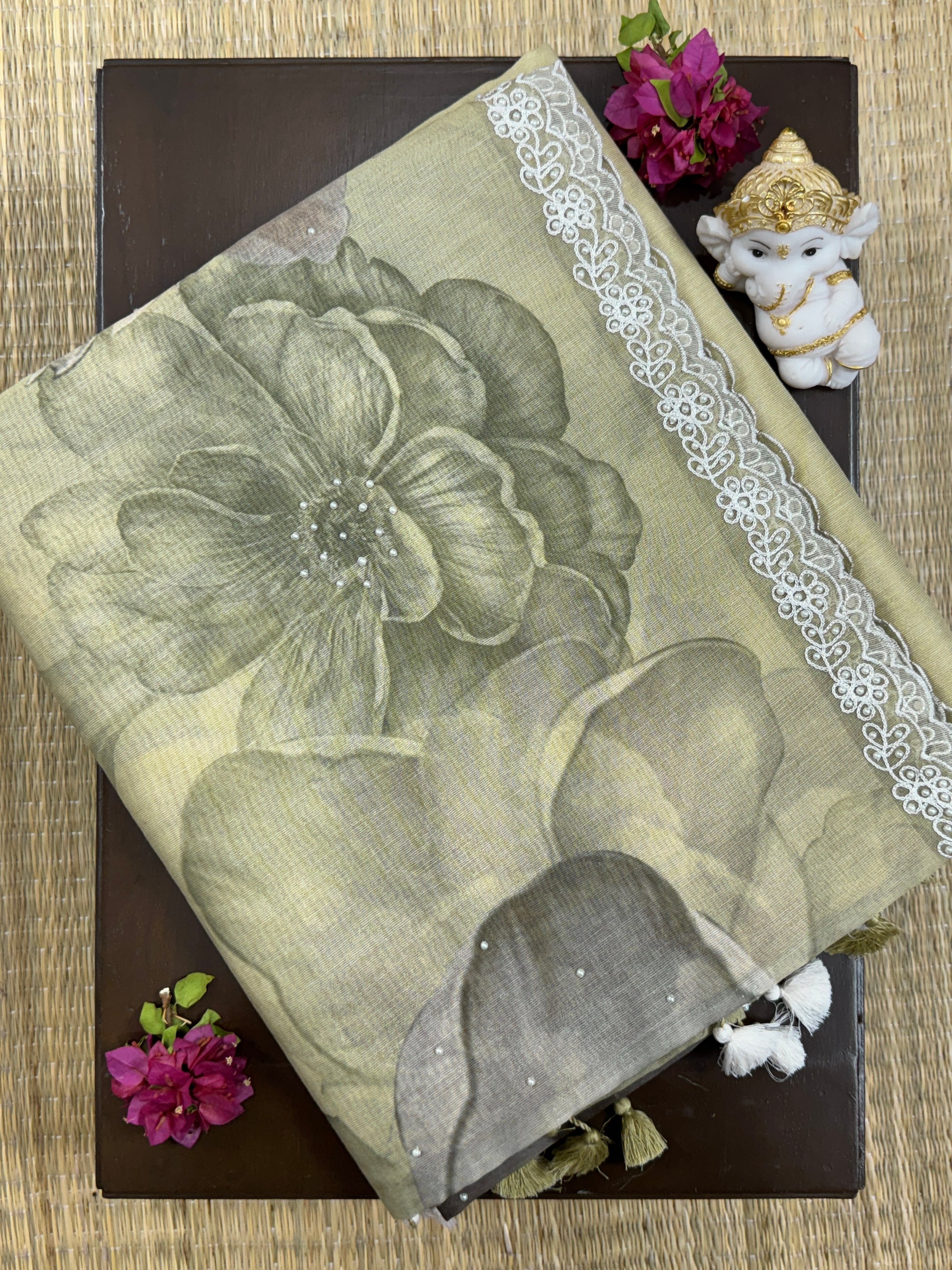 Light Olive Green with Embroidery - Kora Organza Silk Saree
