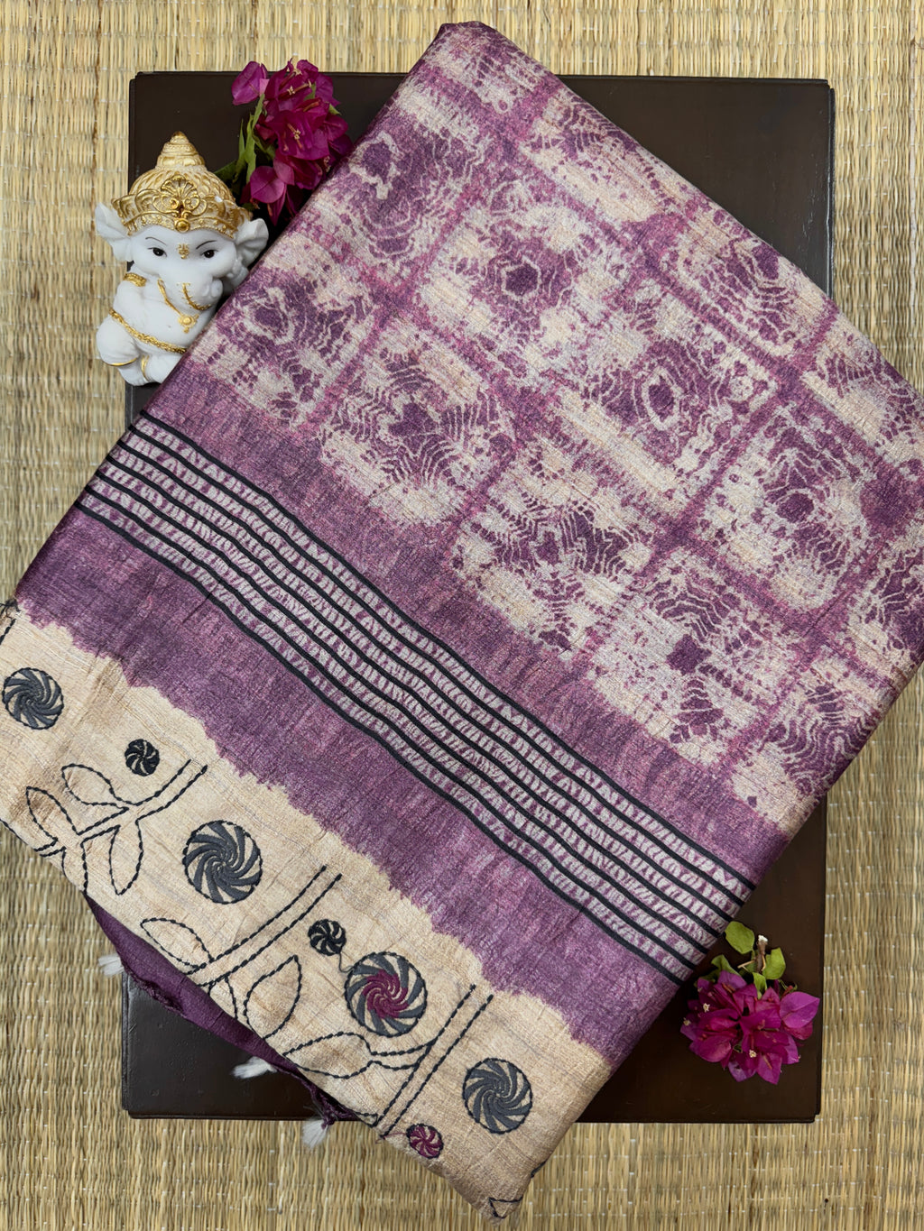 Beige with Purple Embroidered - Raw Silk Saree