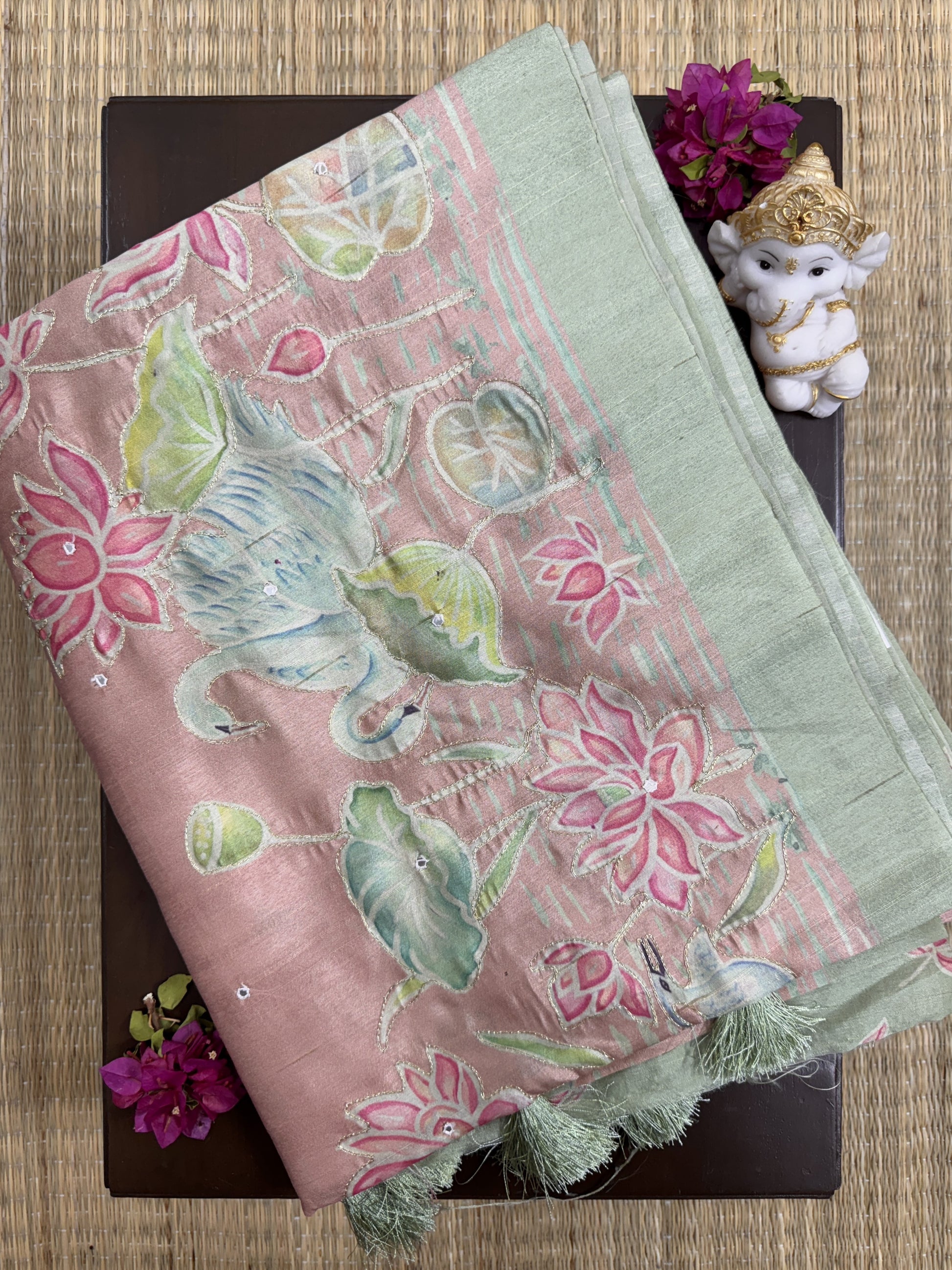 Pastel Pink with Embroidery- Tussar Silk Saree