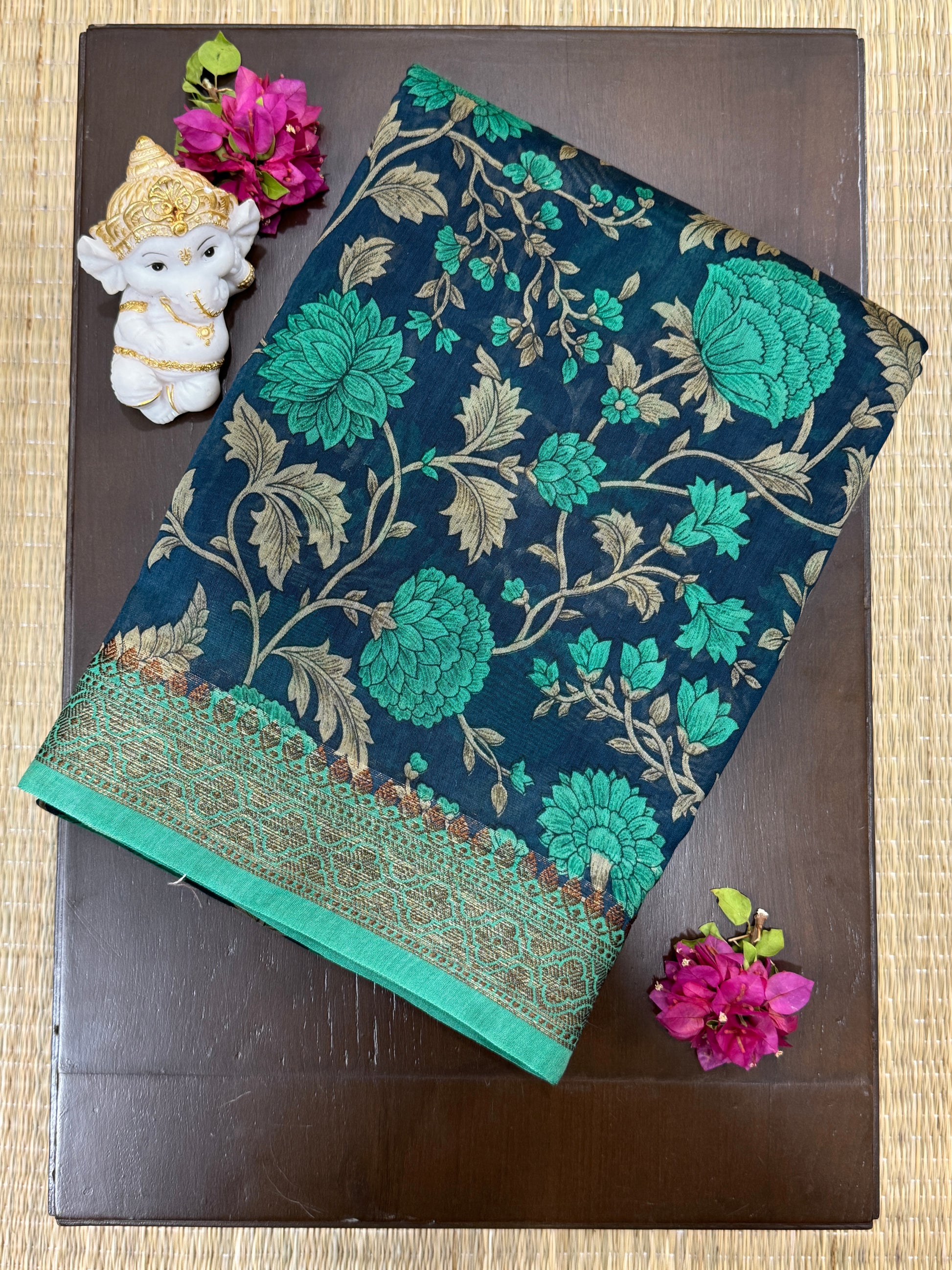 Navy Blue with Floral Patterns - Pure Chanderi Saree
