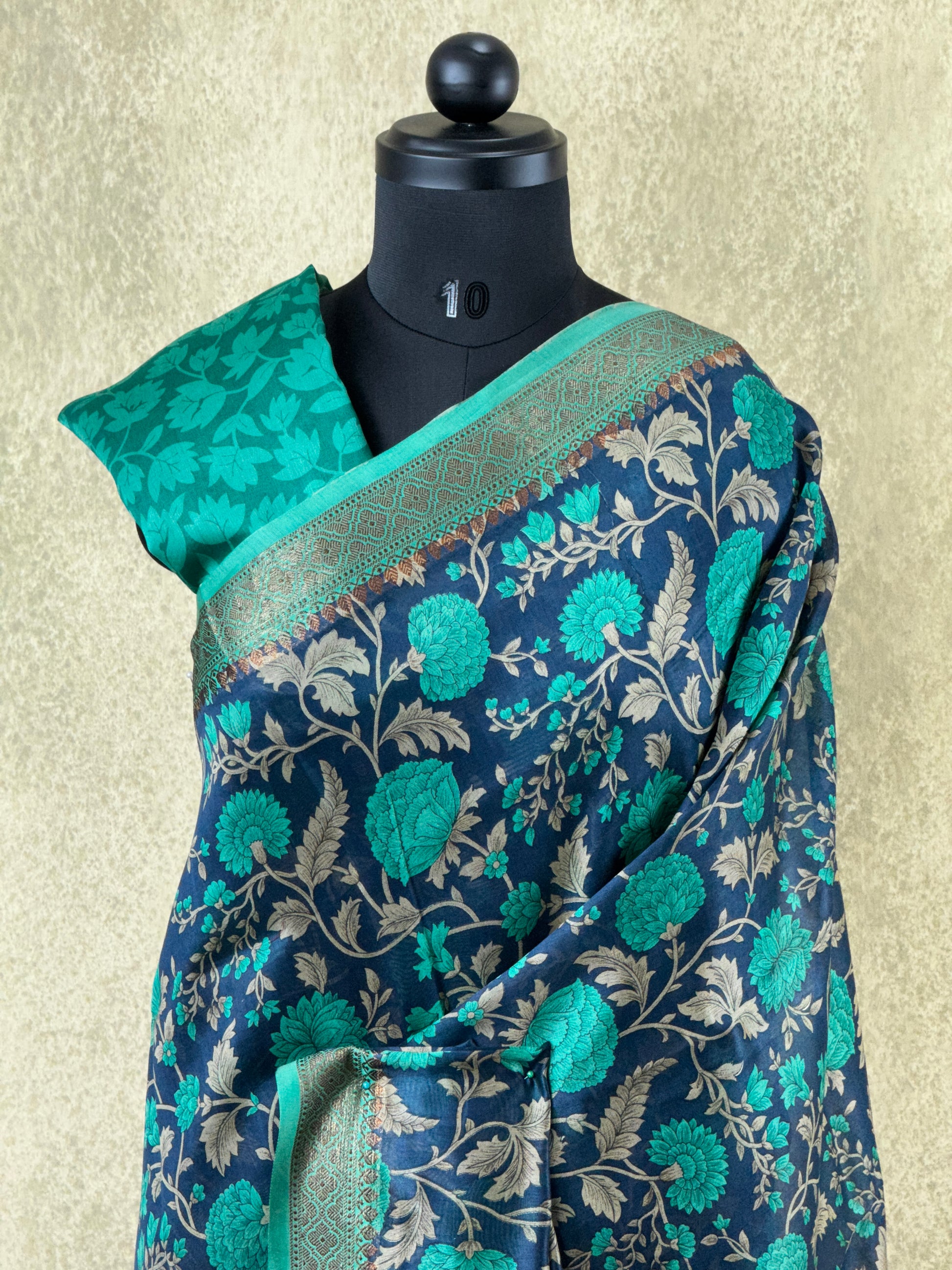Navy Blue with Floral Patterns - Pure Chanderi Saree