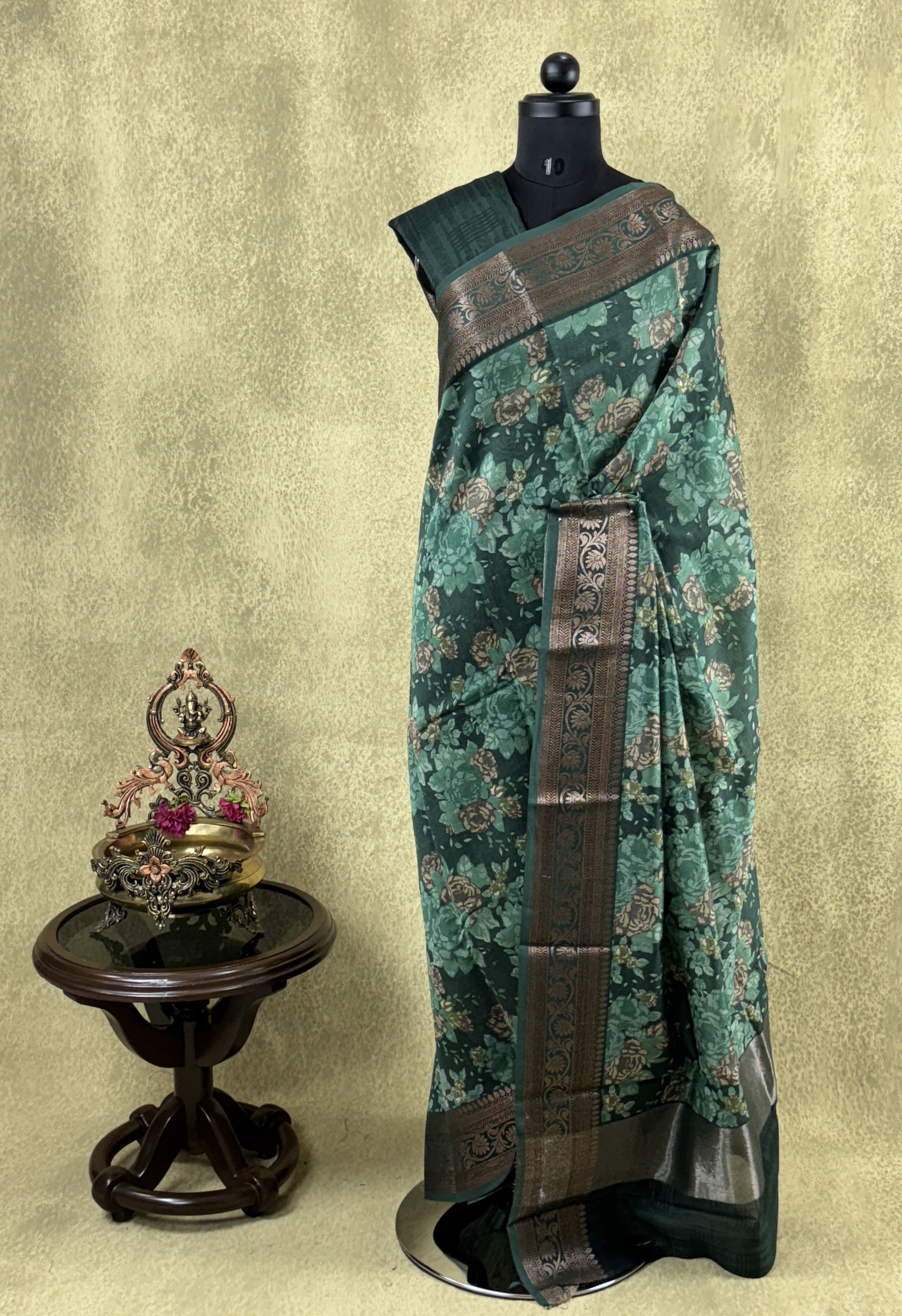 Dark Green with Floral Patterns - Pure Chanderi Saree