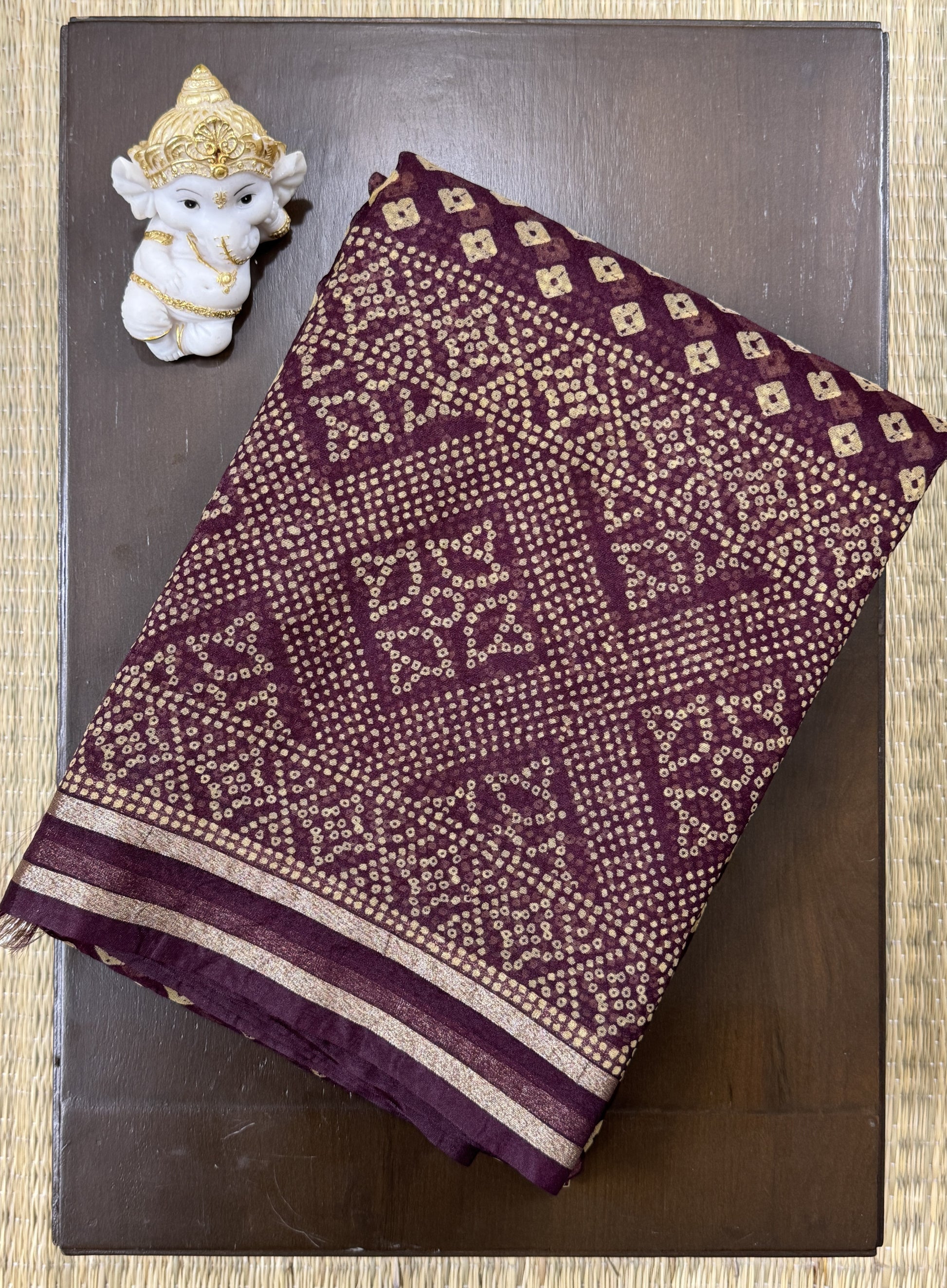 Maroon Bandhani Print -Organza Saree