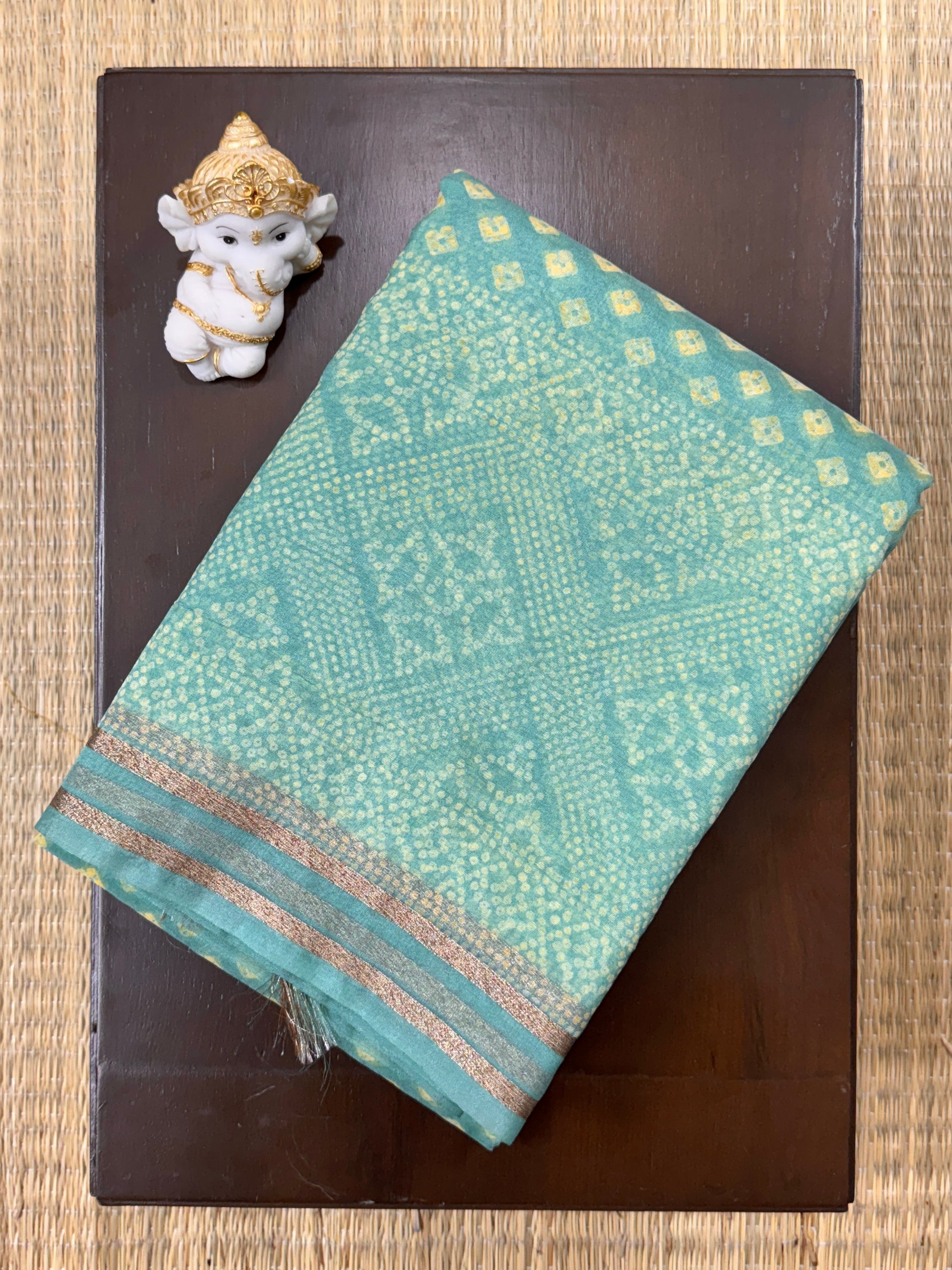 Light Teal Green Bandhani Print -Organza Saree