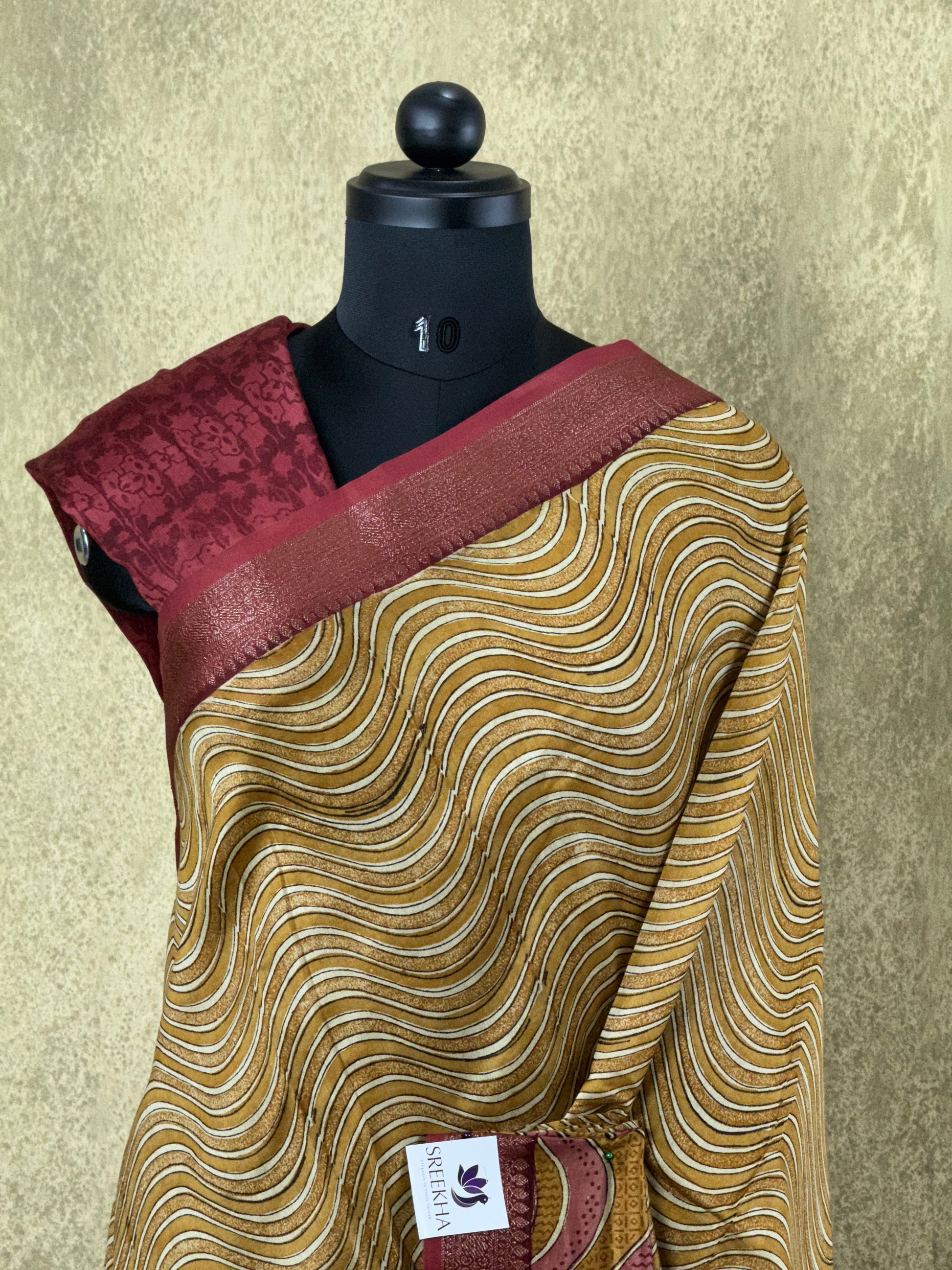 Mustard Yellow with Wavy Patterns - Pure Chanderi Saree