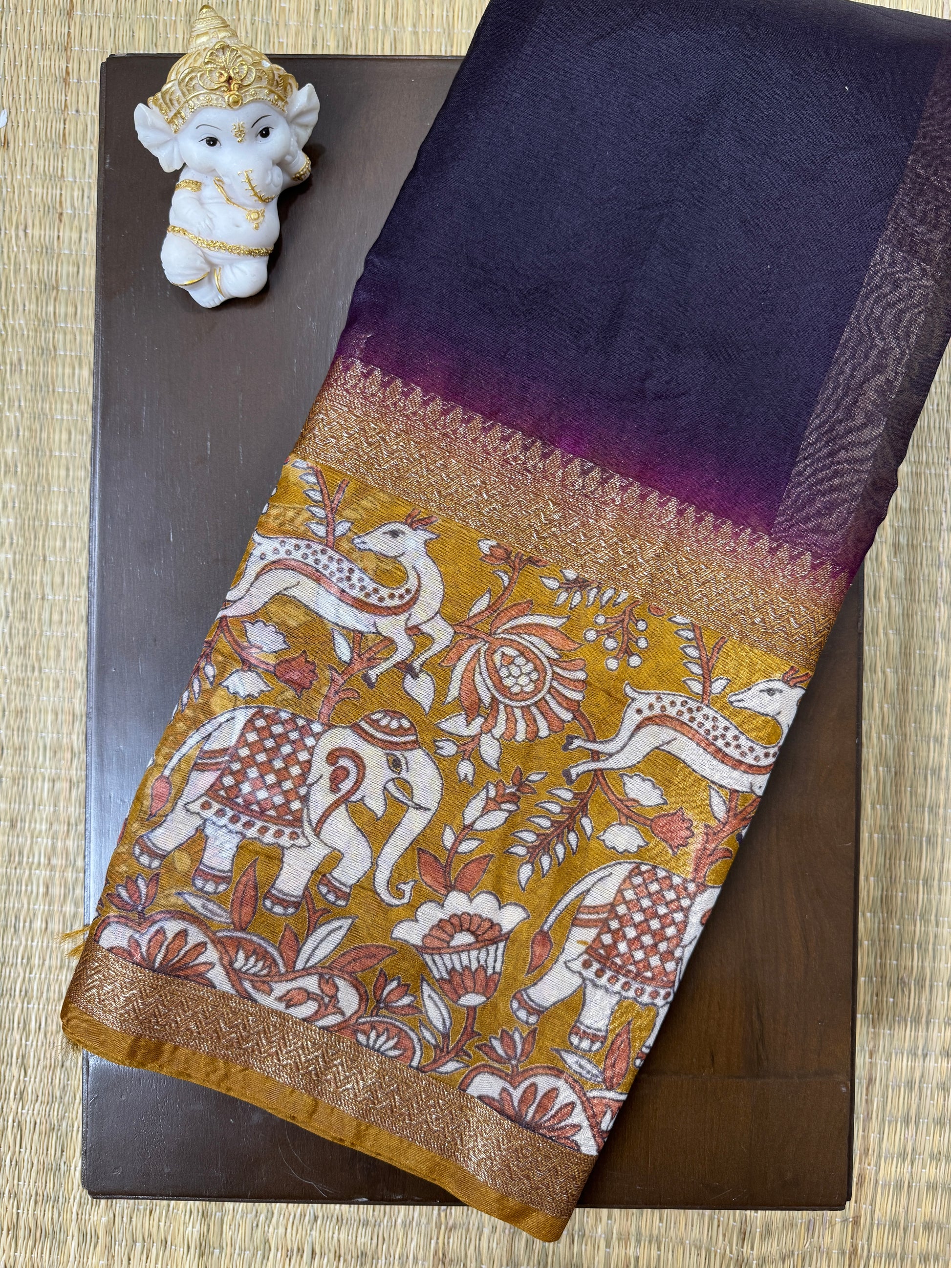 Dark Wine with Mustard Saree- Organza