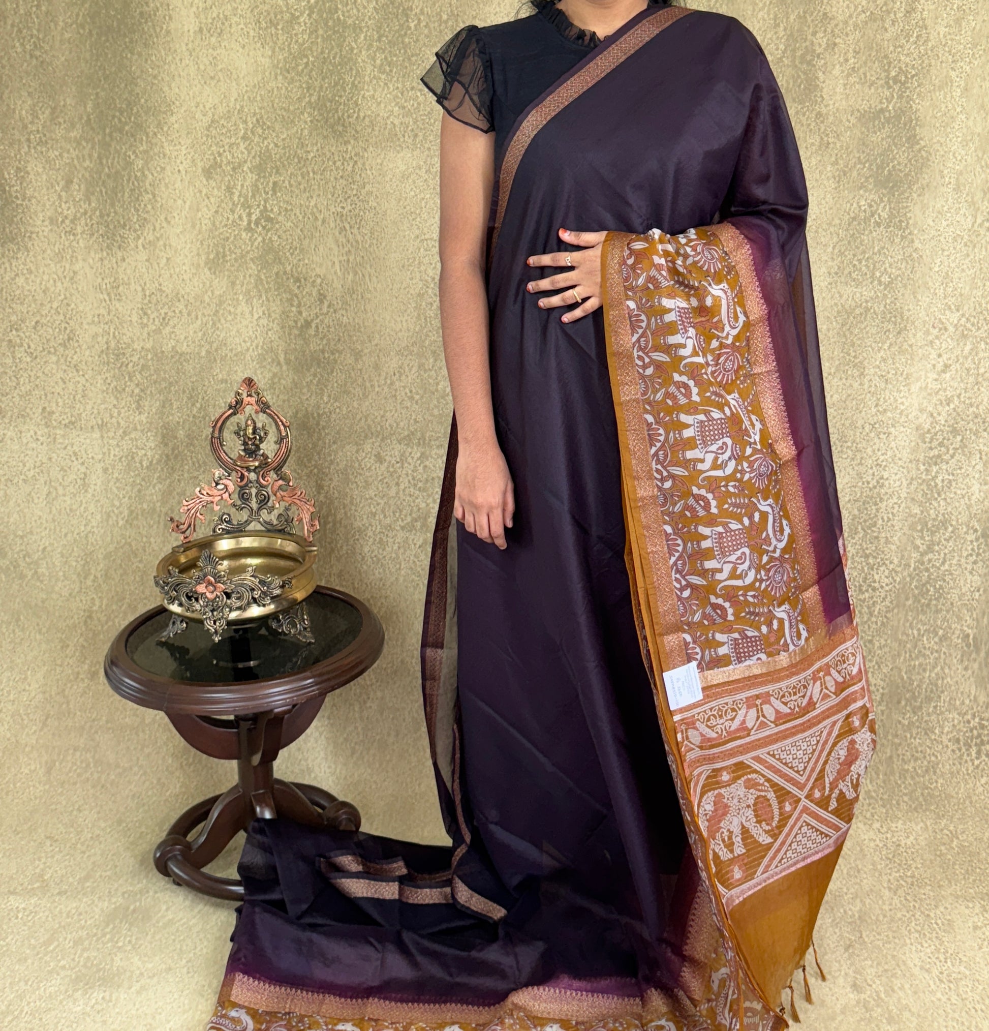 Dark Wine with Mustard Saree- Organza