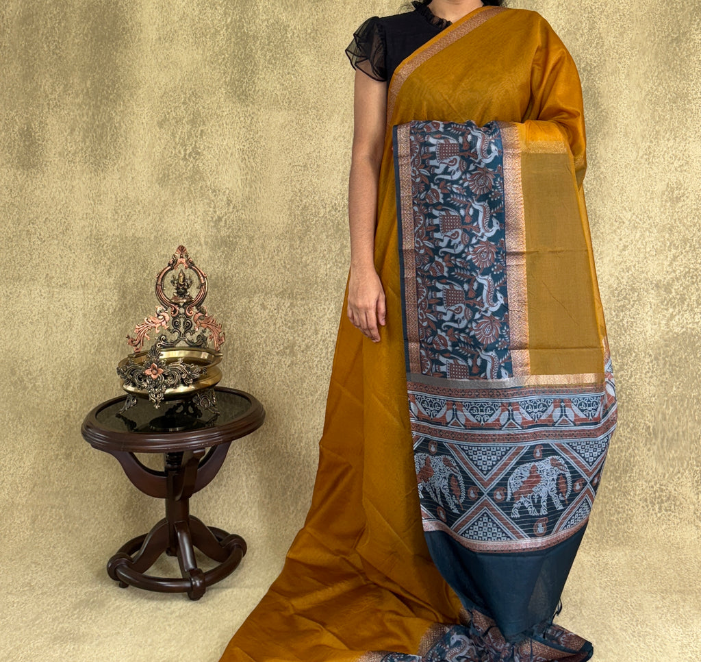 Dark Gold with Blue Saree- Organza