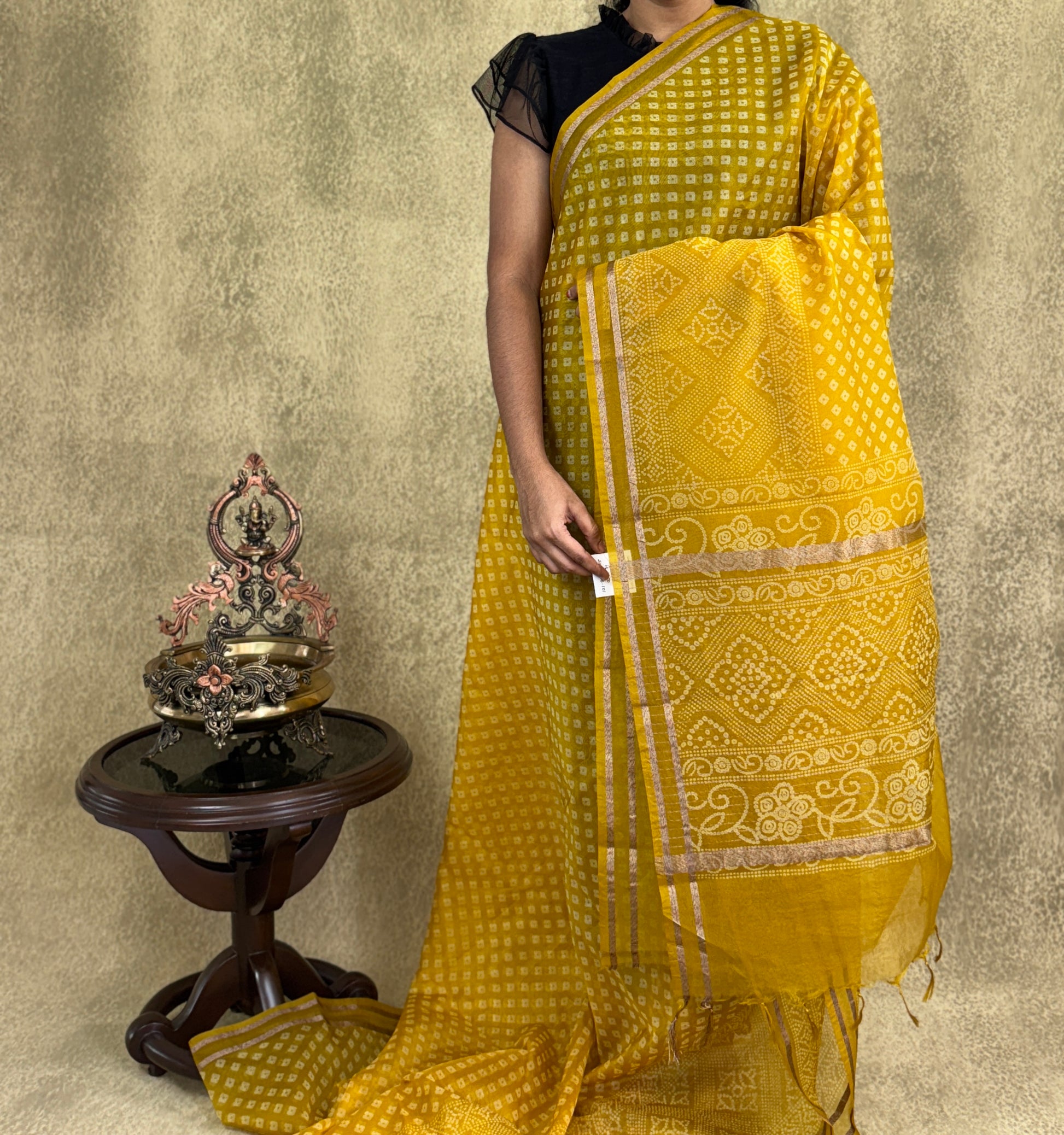 Mustard Gold Bandhani Print -Organza Saree
