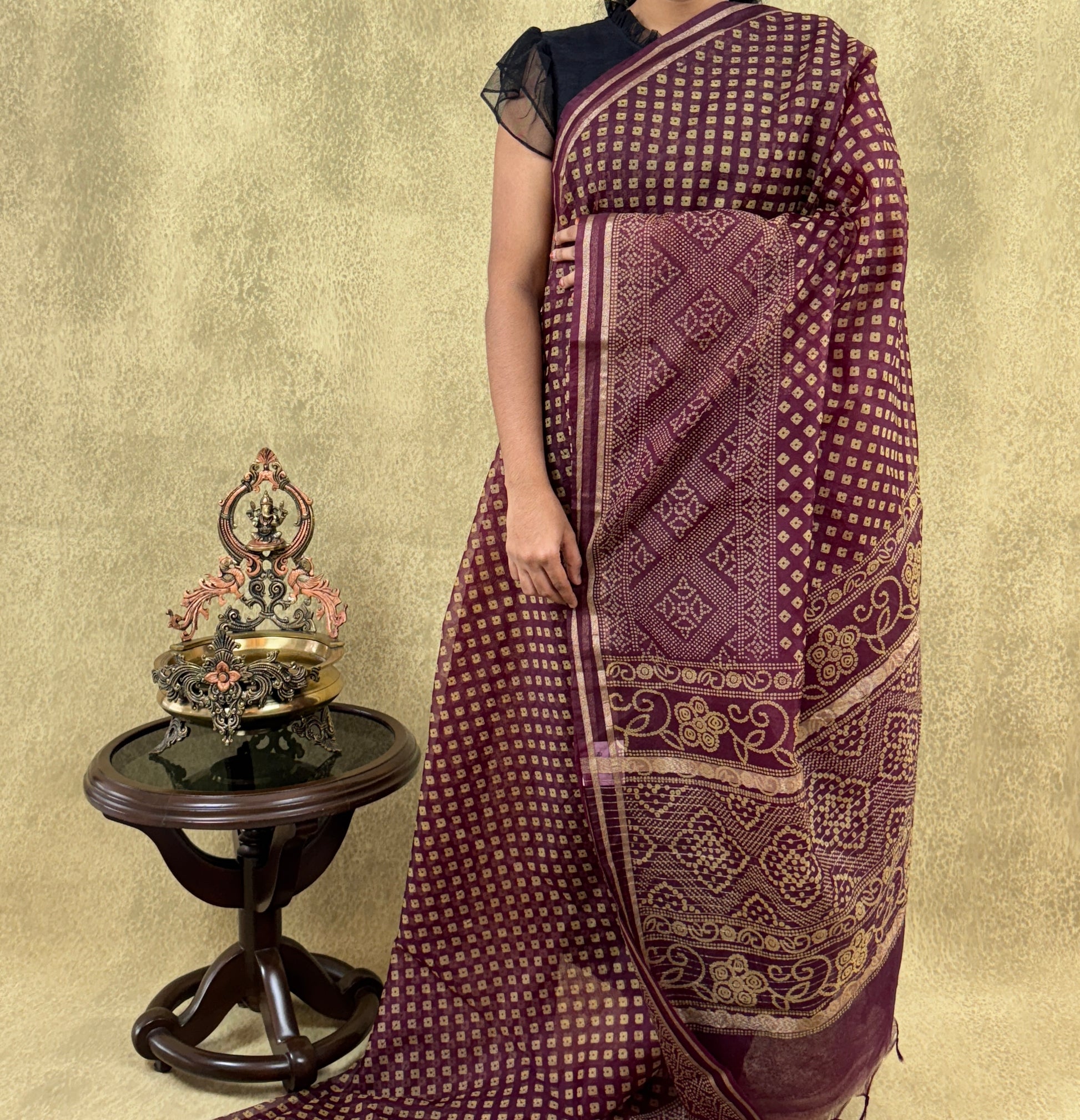 Maroon Bandhani Print -Organza Saree
