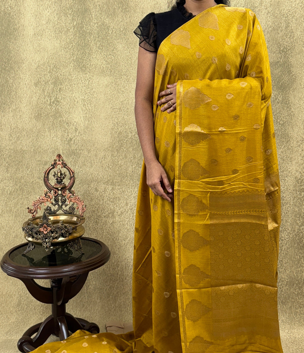 Banarasi Crepe Saree – Mustard Yellow with Gold Zari Motifs