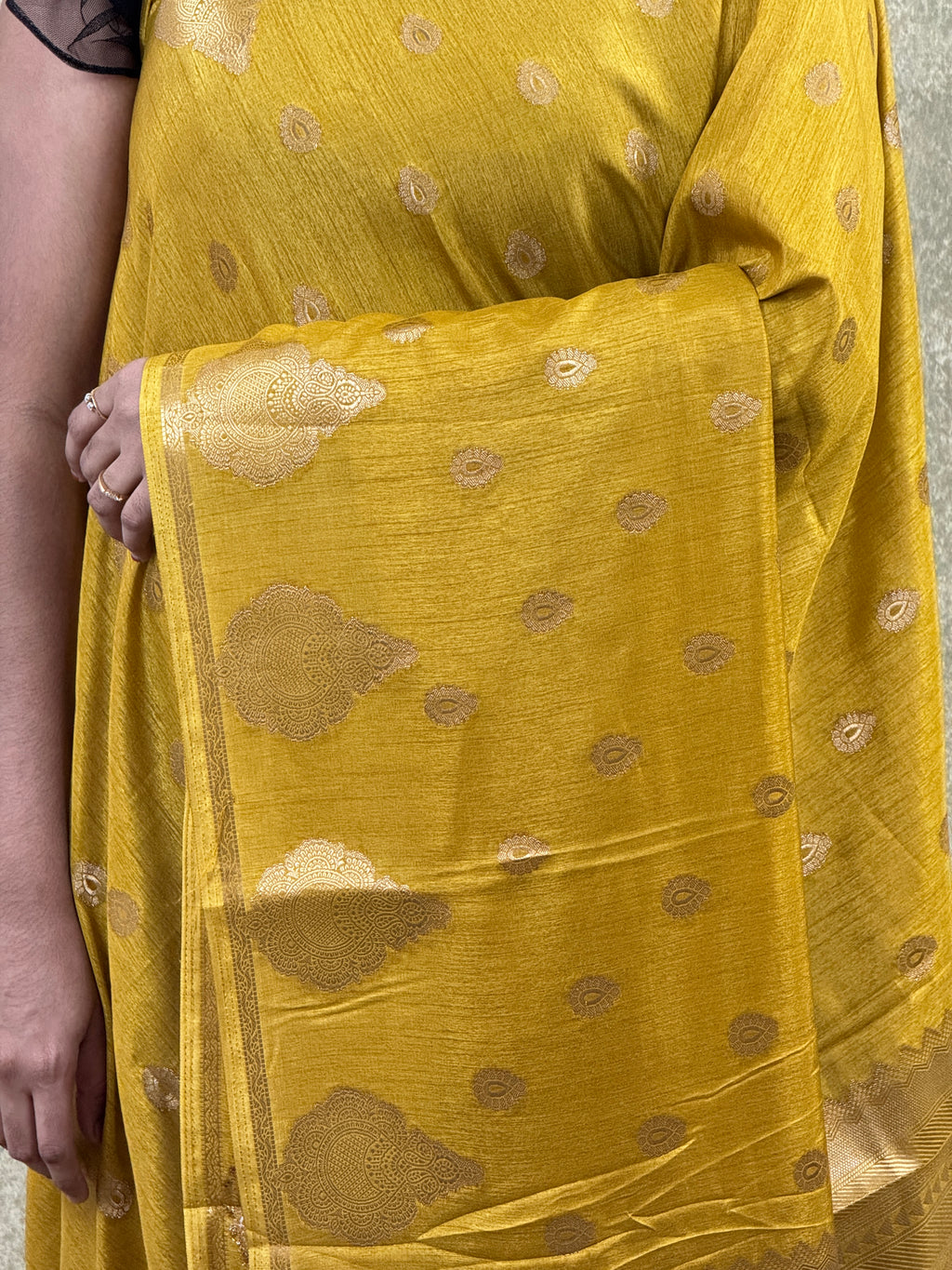 Banarasi Crepe Saree – Mustard Yellow with Gold Zari Motifs