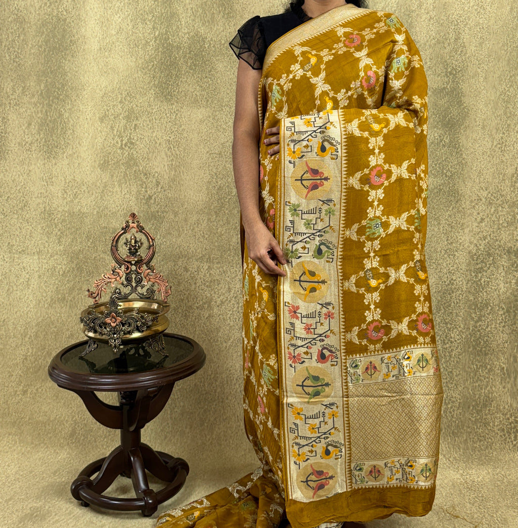 Mustard Yellow Saree with Paithani Border - Tussar Raw Silk