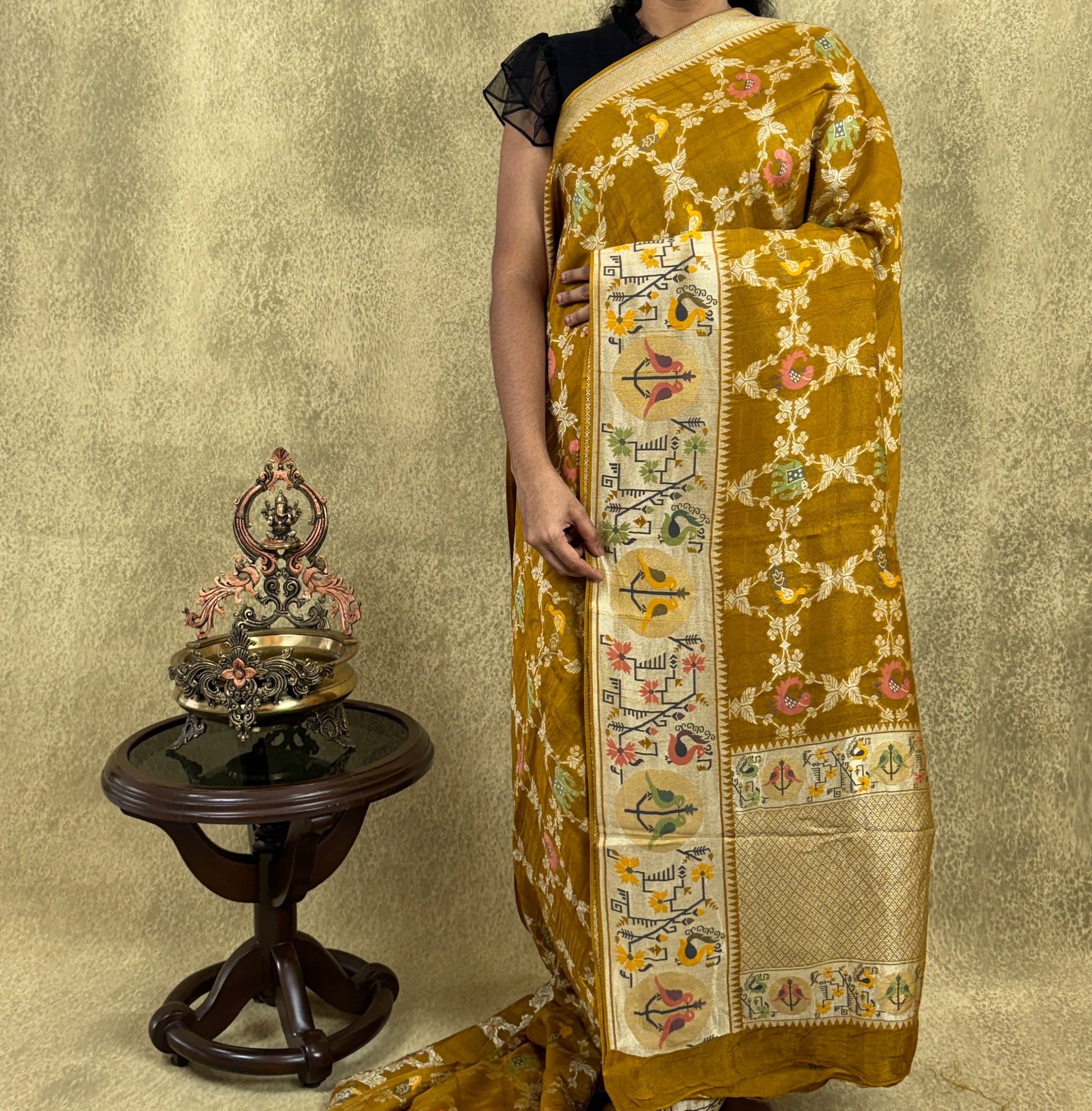 Mustard Yellow Saree with Paithani Border - Tussar Raw Silk