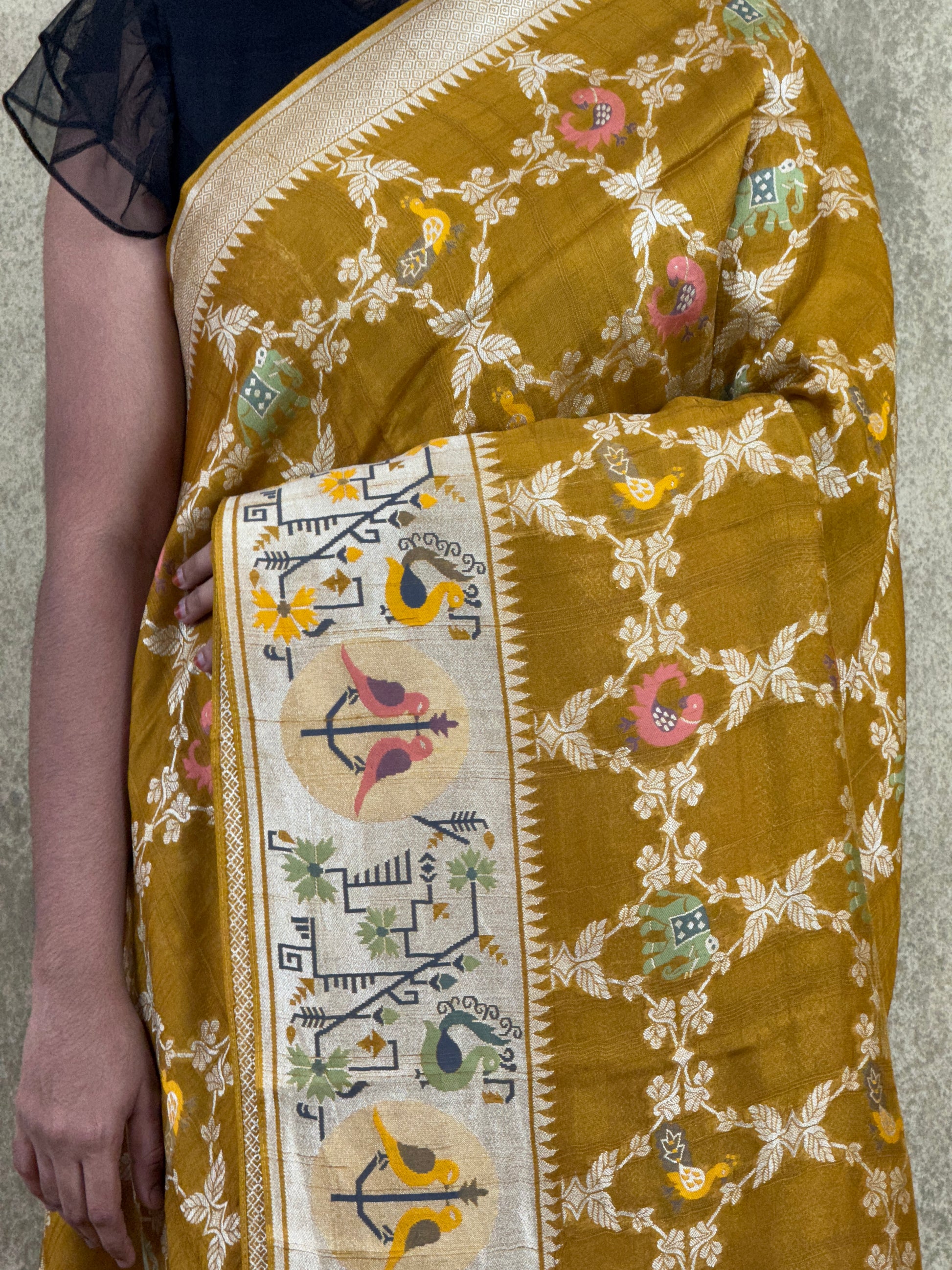 Mustard Yellow Saree with Paithani Border - Tussar Raw Silk