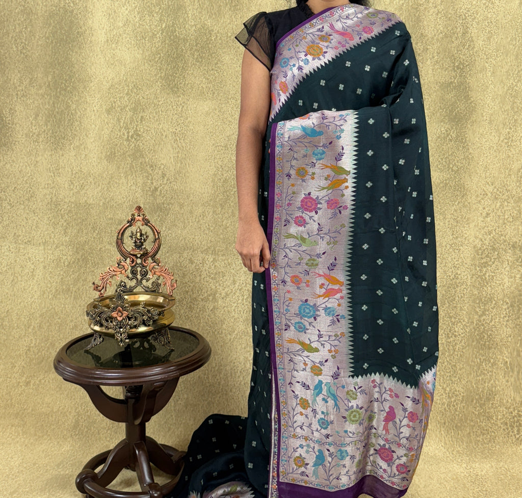 Bottle Green color Saree with Paithani Border - Tussar Raw Silk