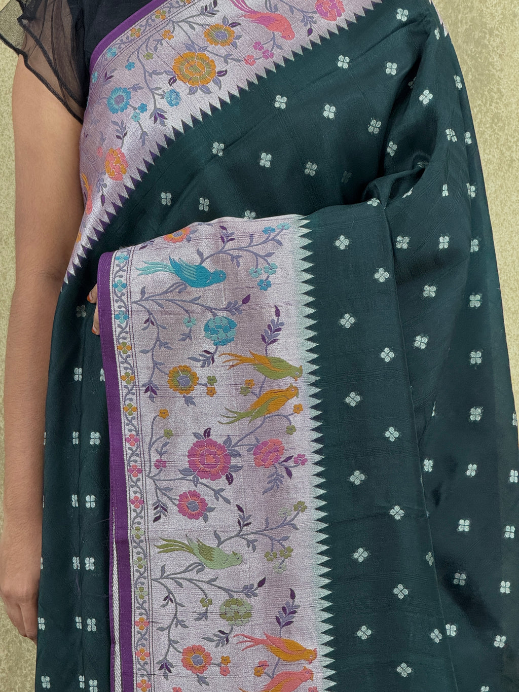 Bottle Green color Saree with Paithani Border - Tussar Raw Silk