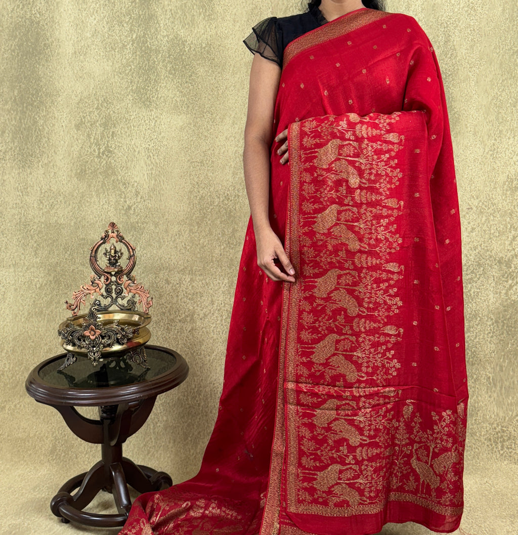Red - Tussar Raw Silk Sare