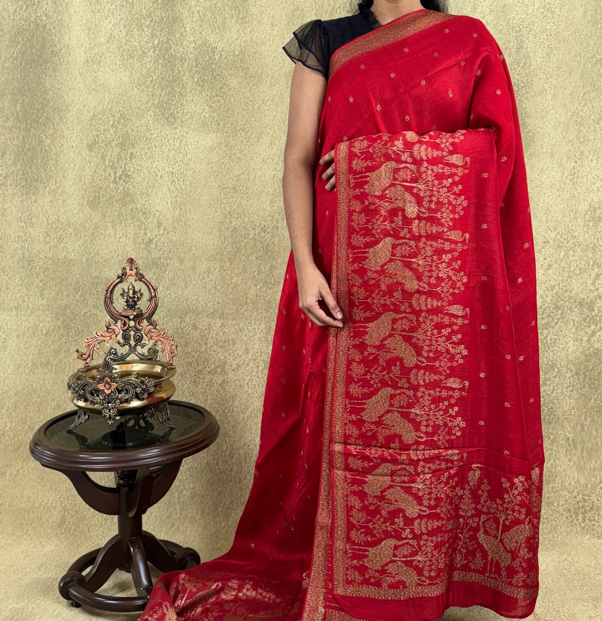 Red - Tussar Raw Silk Sare