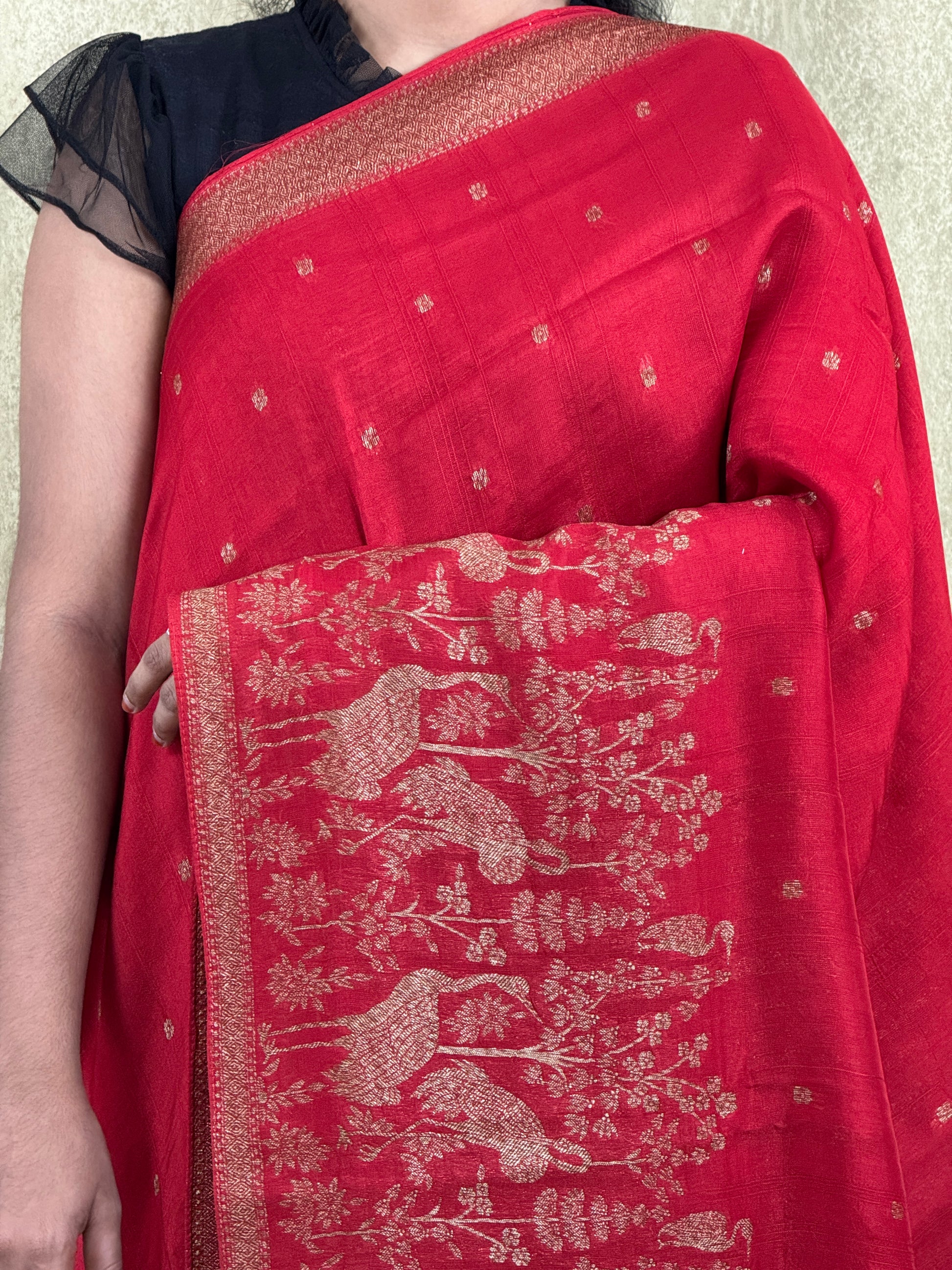 Red - Tussar Raw Silk Sare