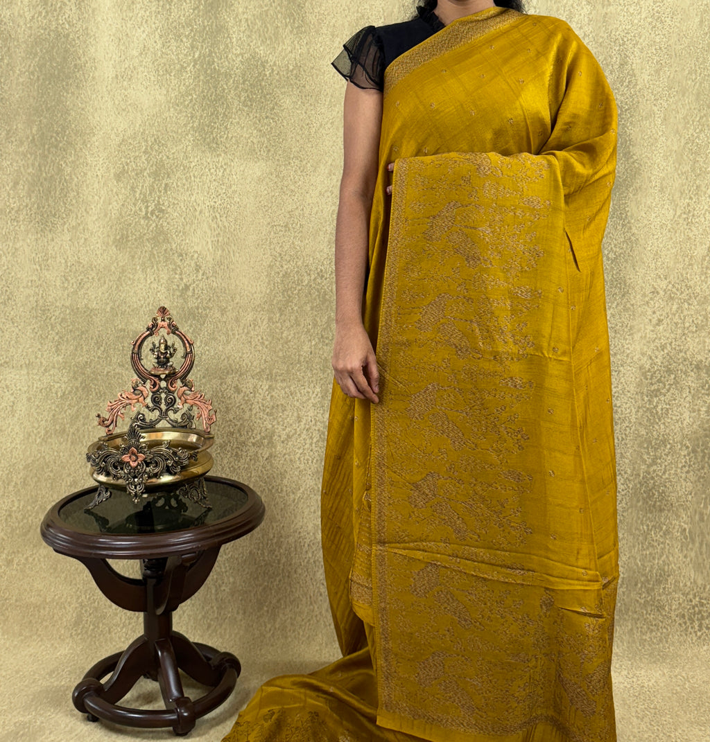 Mustard Yellow - Tussar Raw Silk Sare