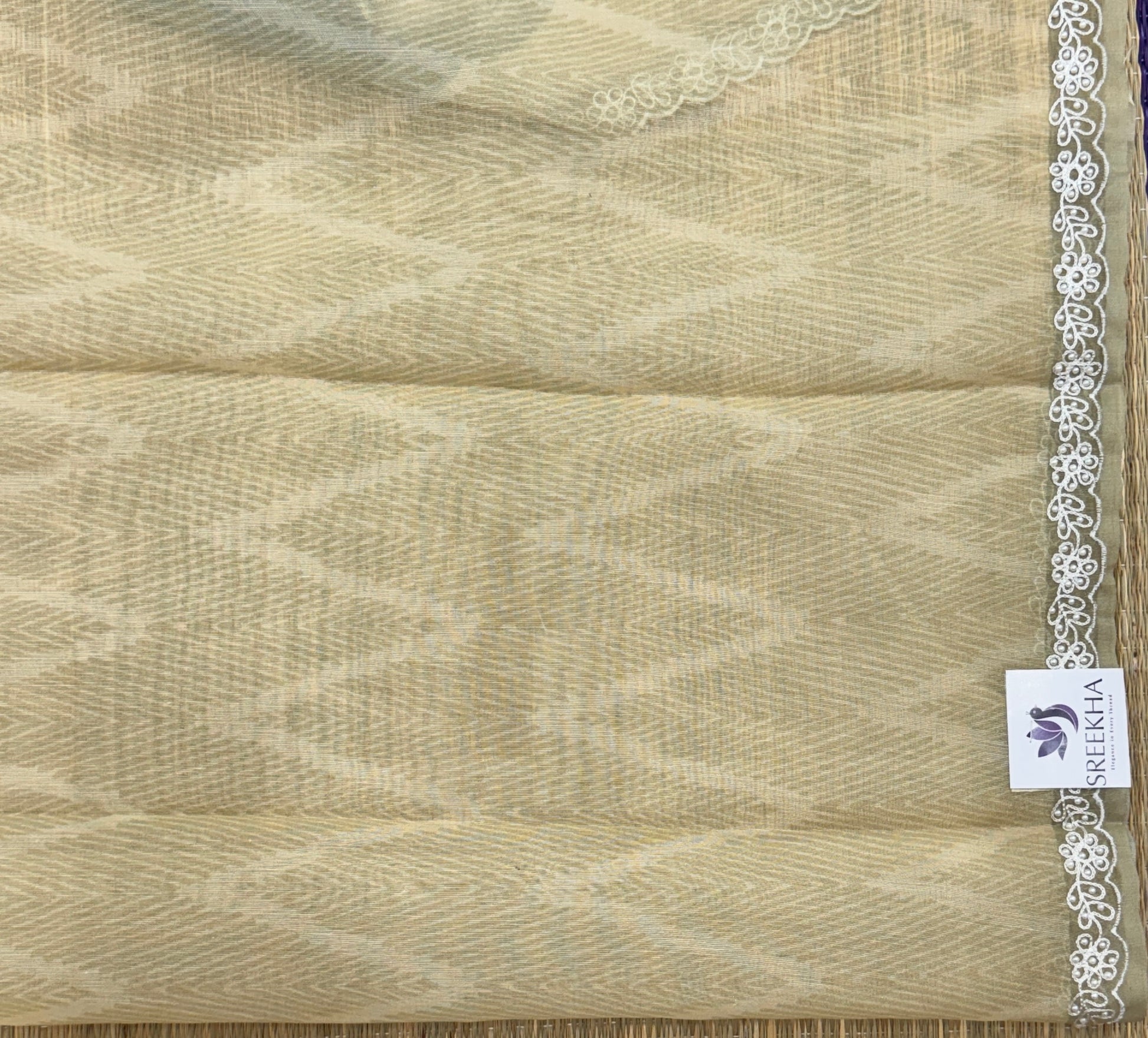 Light Olive Green with Embroidery - Kora Organza Silk Saree