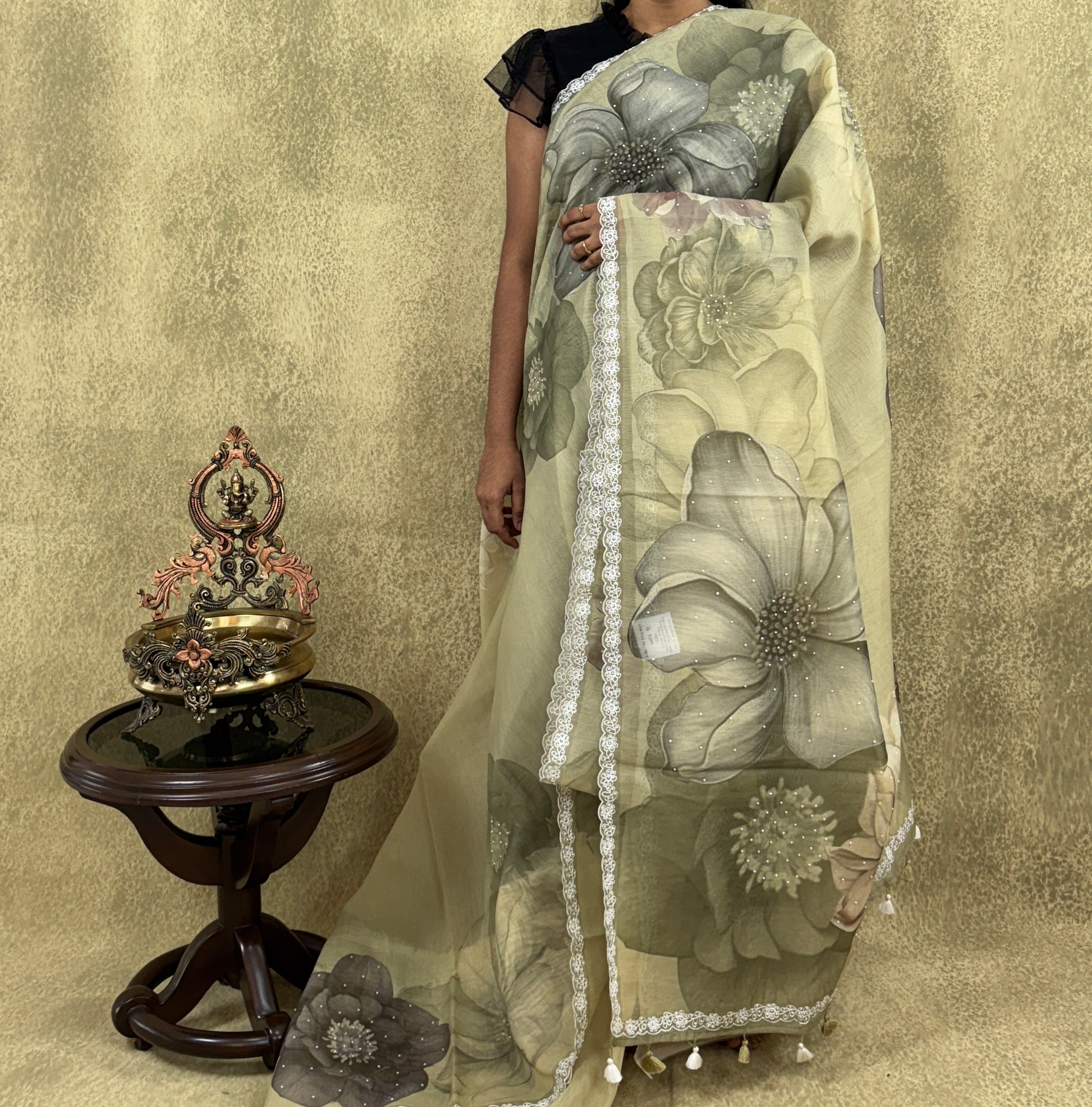Light Olive Green with Embroidery - Kora Organza Silk Saree