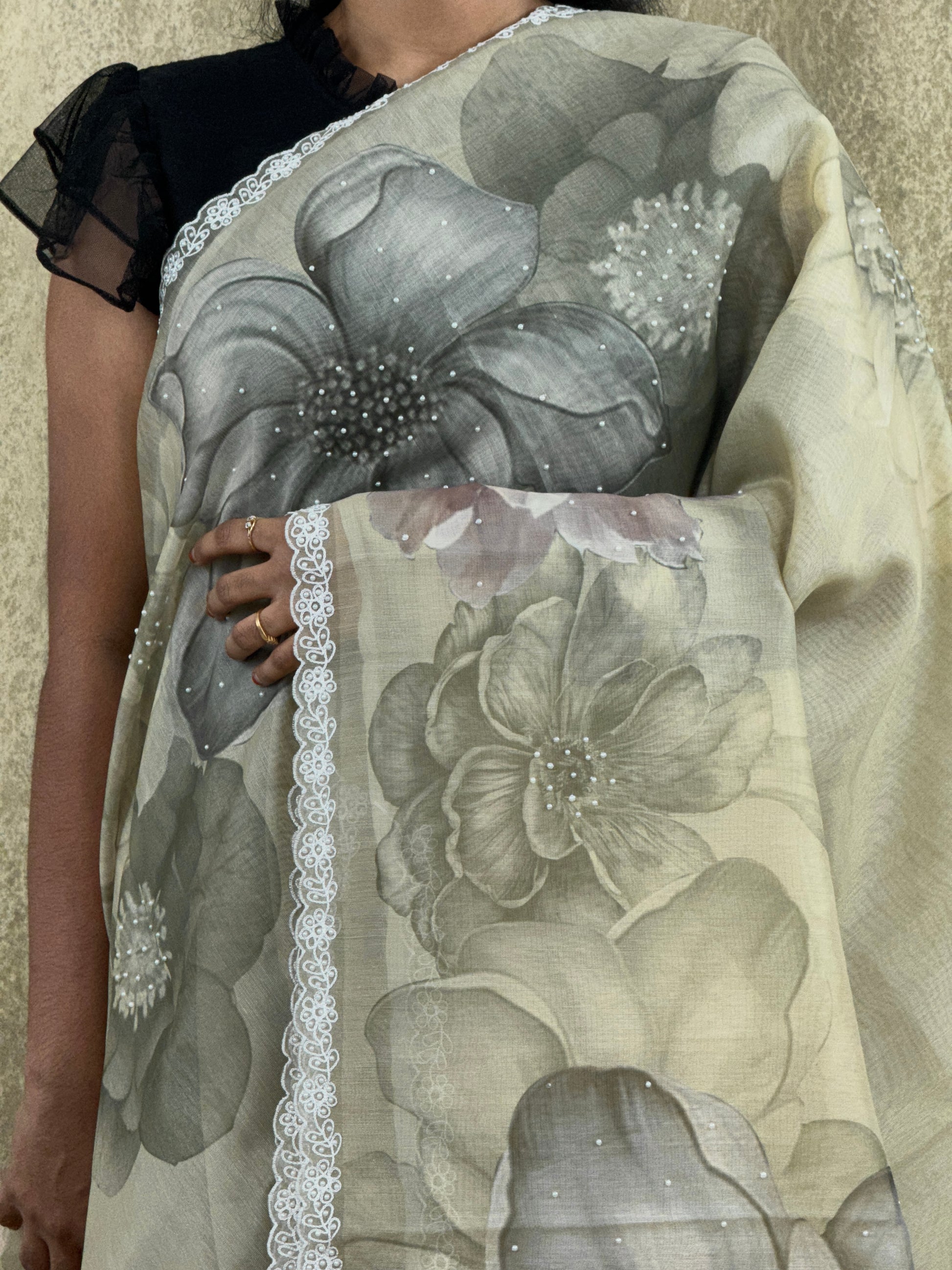 Light Olive Green with Embroidery - Kora Organza Silk Saree