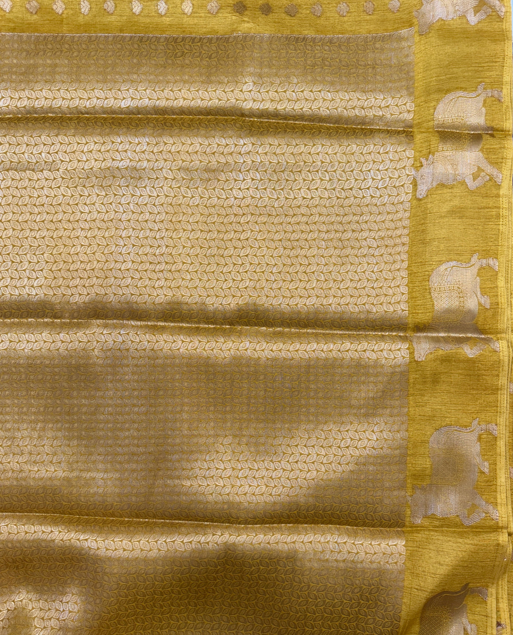 Banarasi Crepe Saree – Mustard Yellow with Gold Zari Motifs