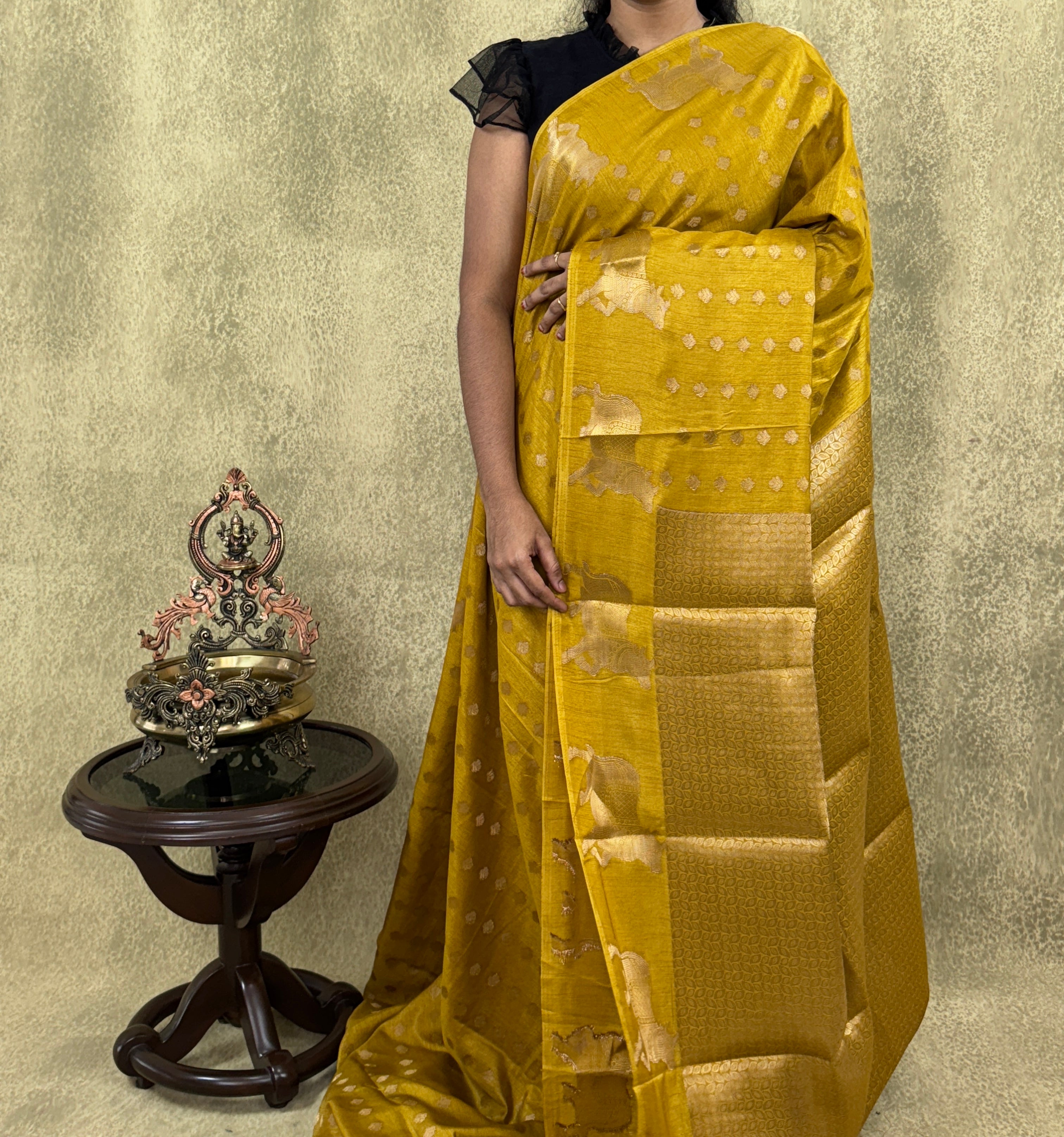 Banarasi Crepe Saree – Mustard Yellow with Gold Zari Motifs