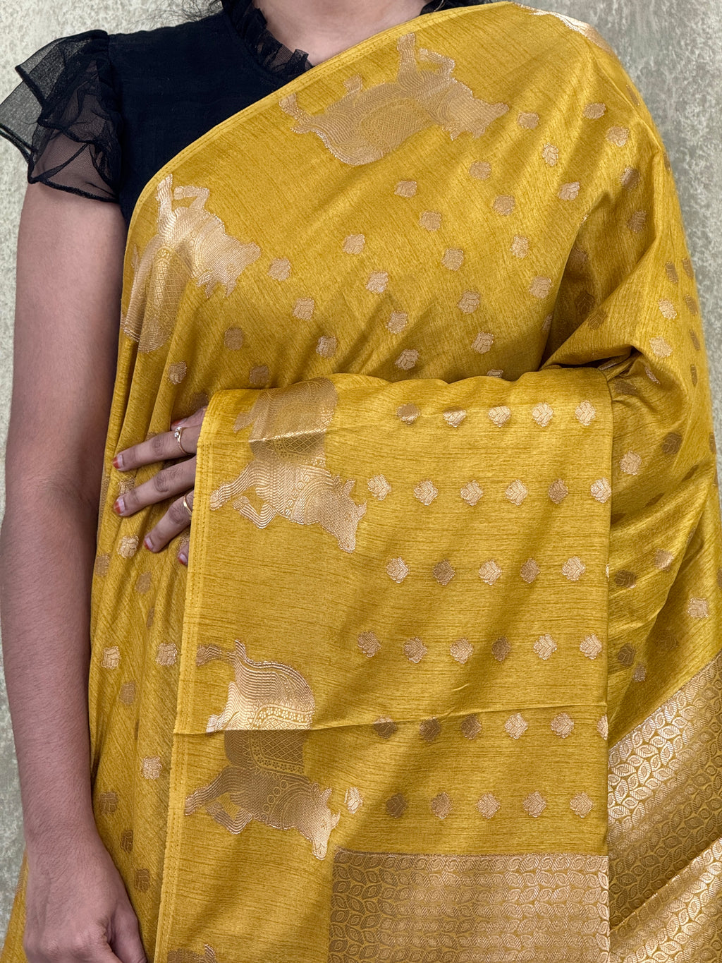 Banarasi Crepe Saree – Mustard Yellow with Gold Zari Motifs