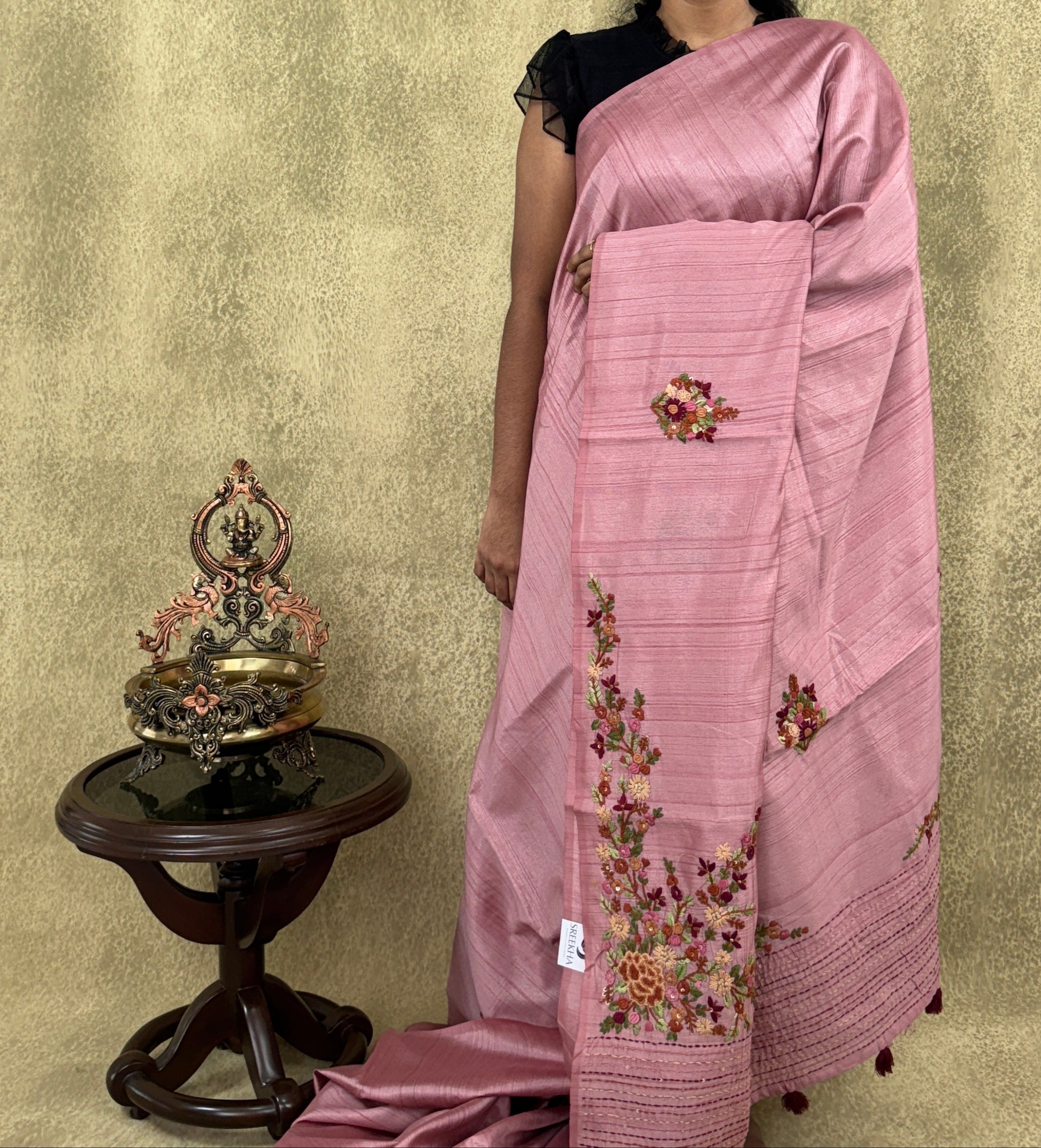 Soft Mauve with Multicolored Embroidery- Tussar Silk Saree