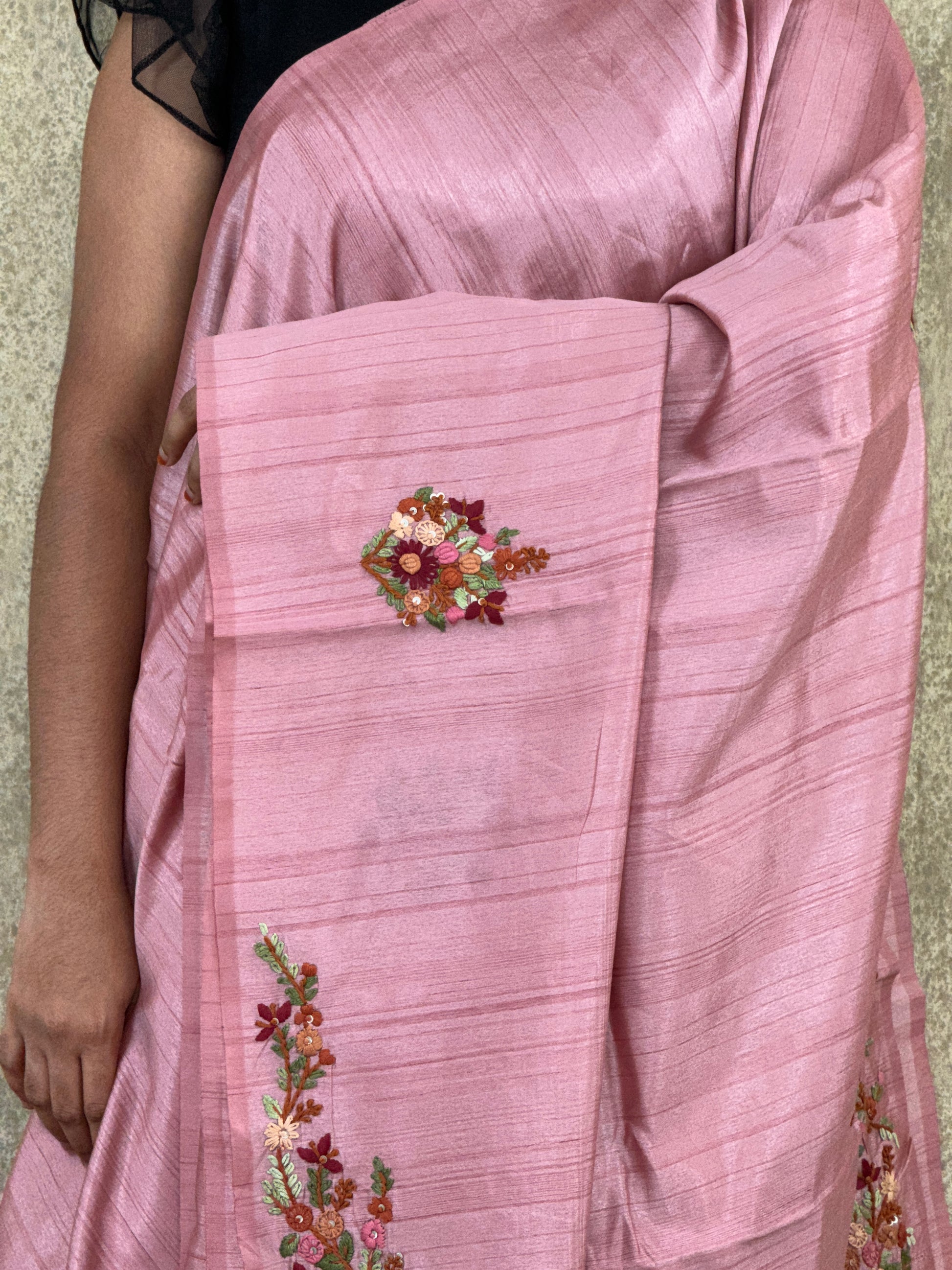Soft Mauve with Multicolored Embroidery- Tussar Silk Saree