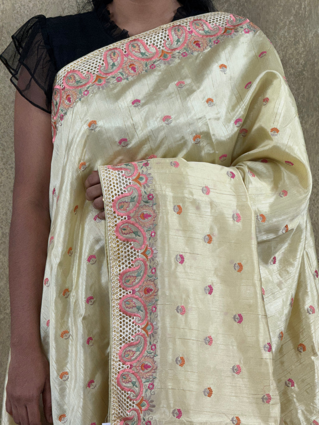 Pastel Yellow with CutWork Embroidery Border- Tussar Silk Saree