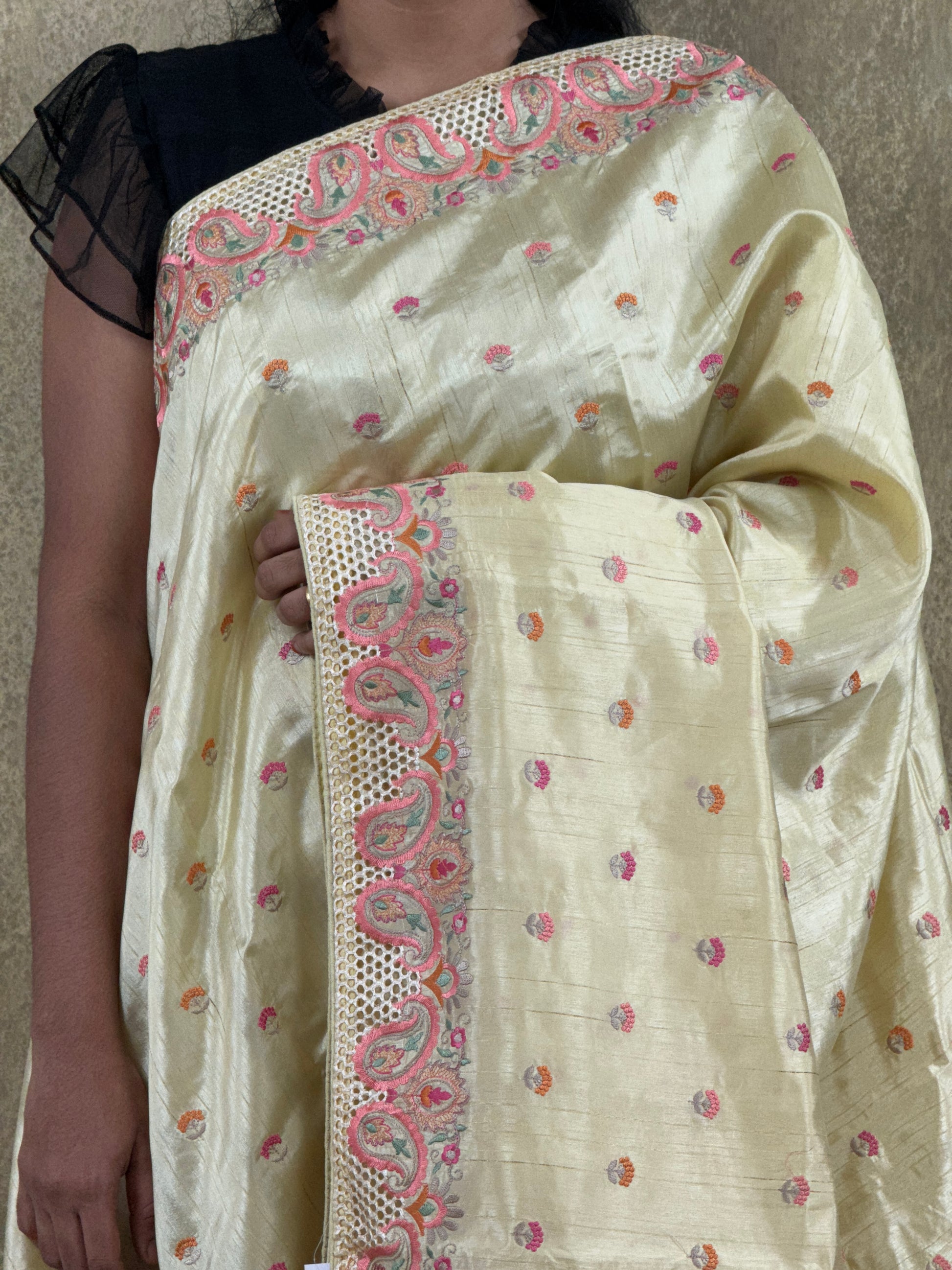 Pastel Yellow with CutWork Embroidery Border- Tussar Silk Saree