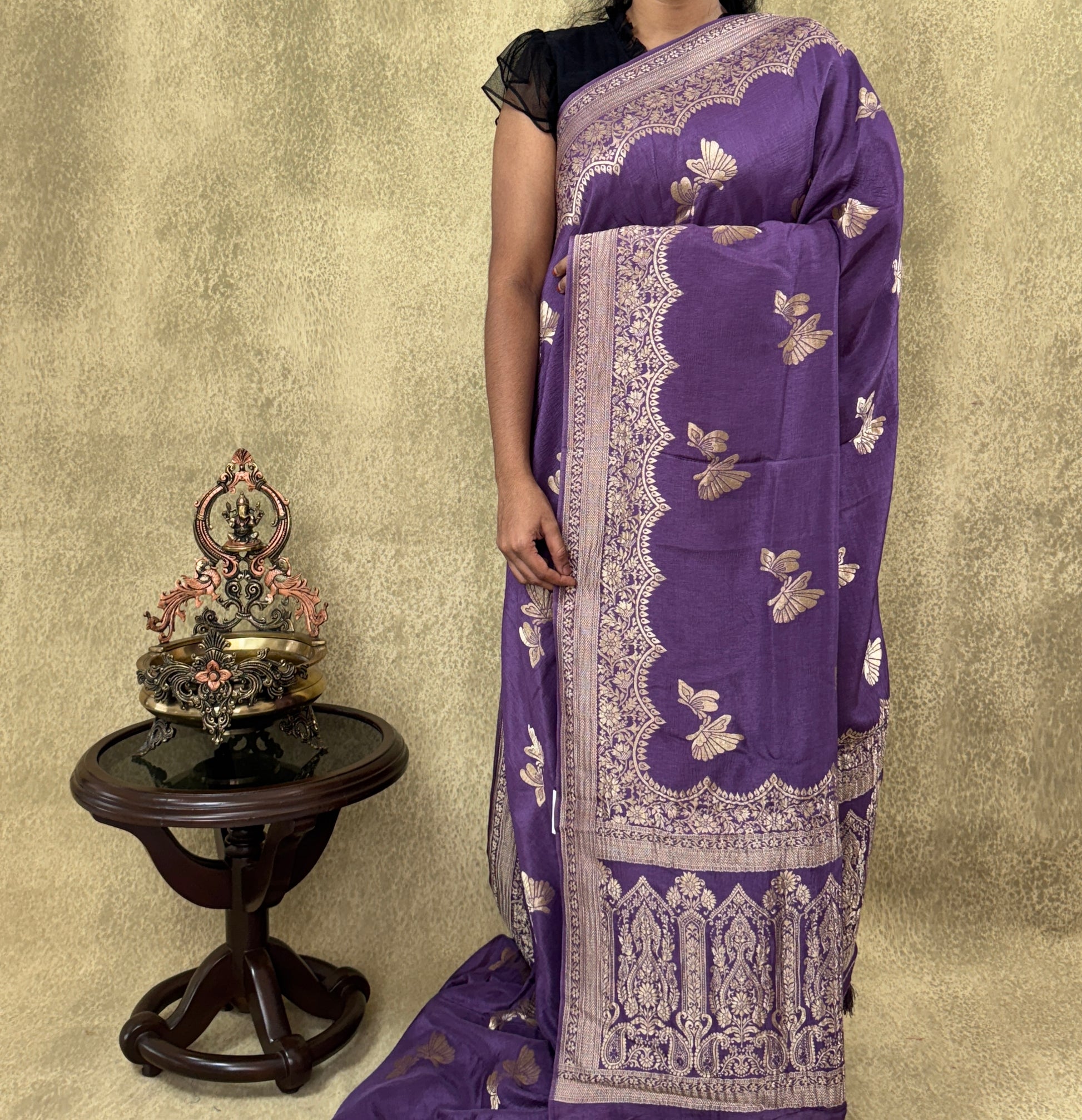 Purple with Butterfly Motifs  - Matka Silk Saree