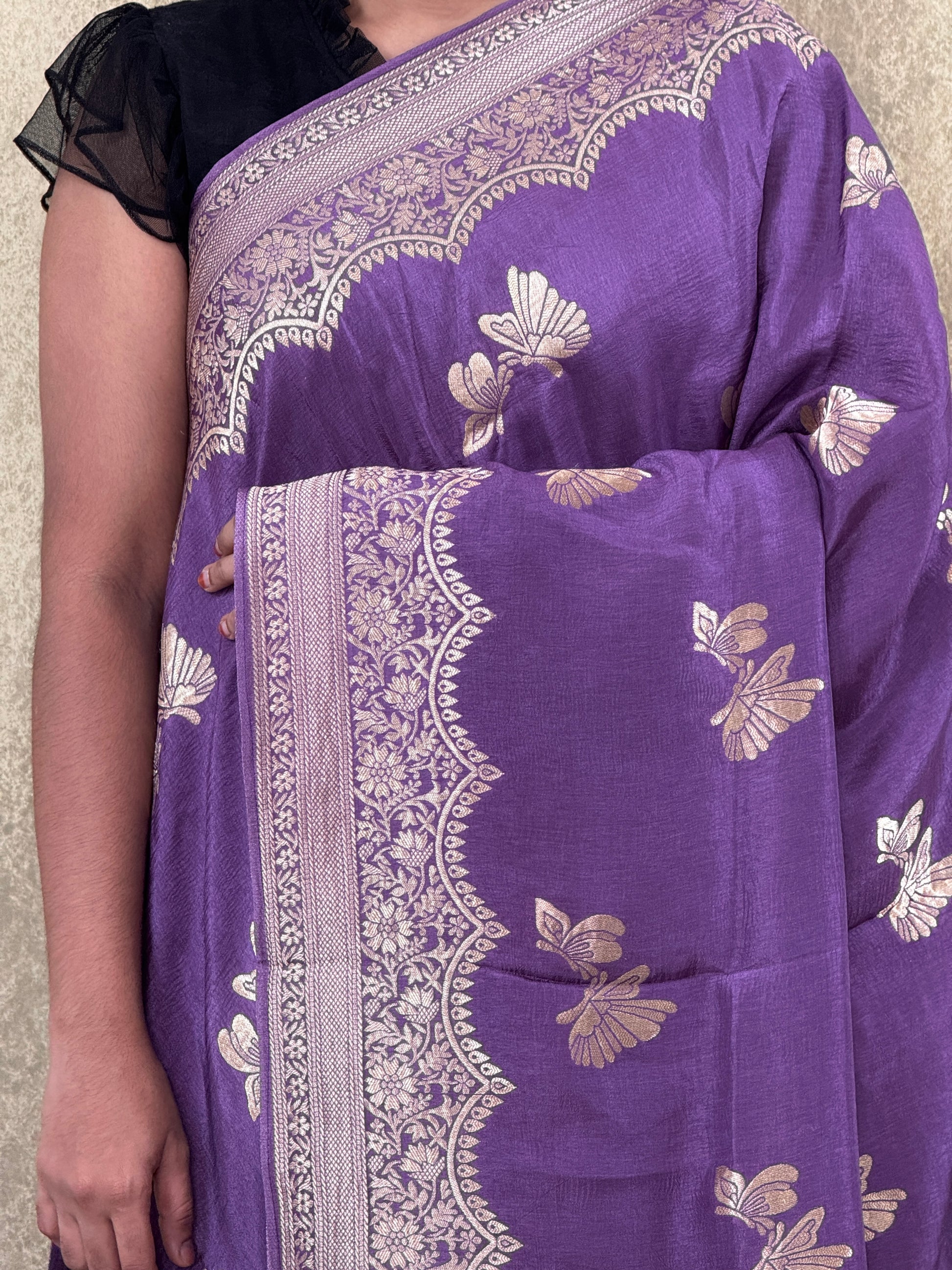 Purple with Butterfly Motifs  - Matka Silk Saree
