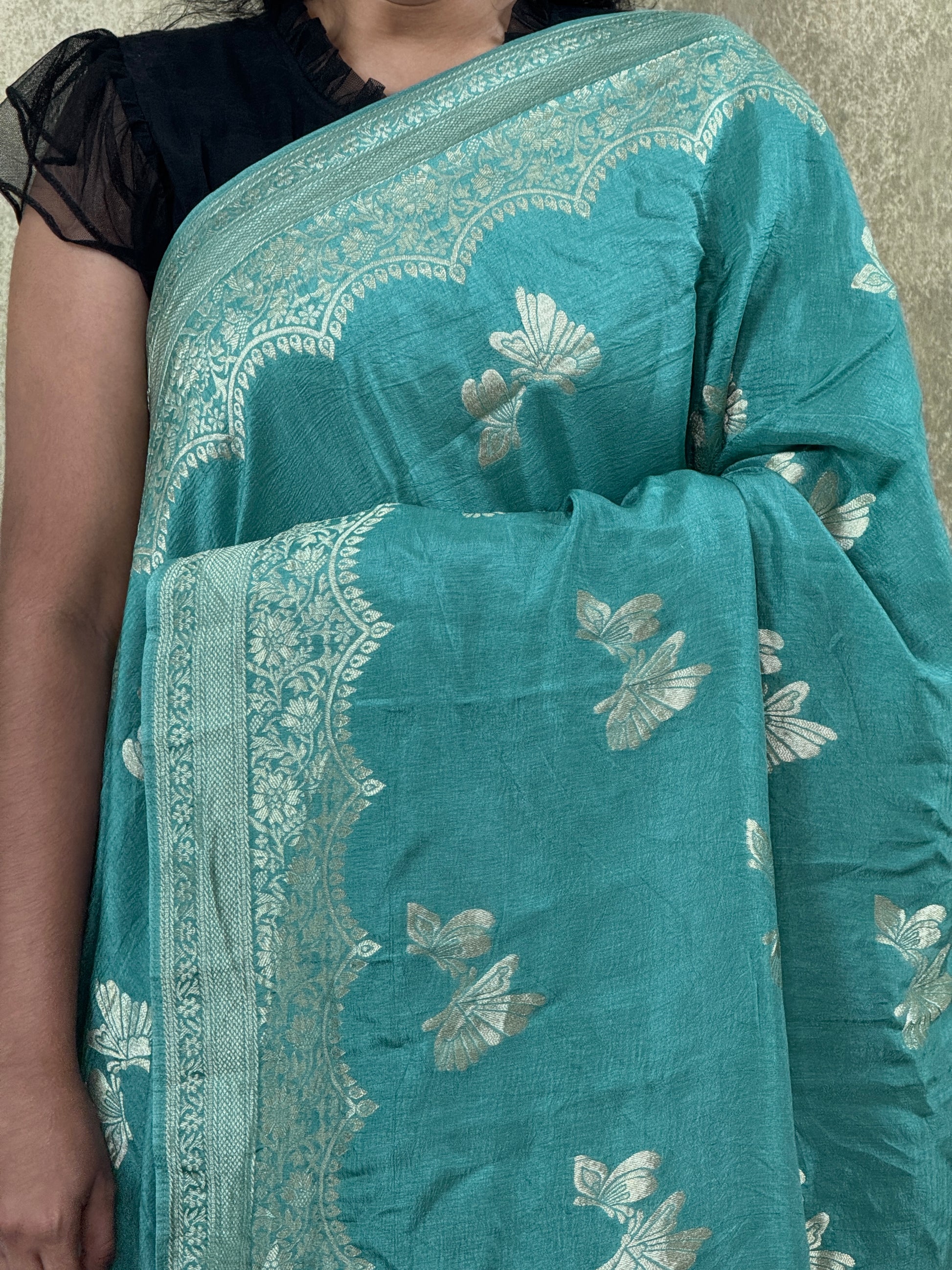 Sea Green with Butterfly Motifs  - Matka Silk Saree